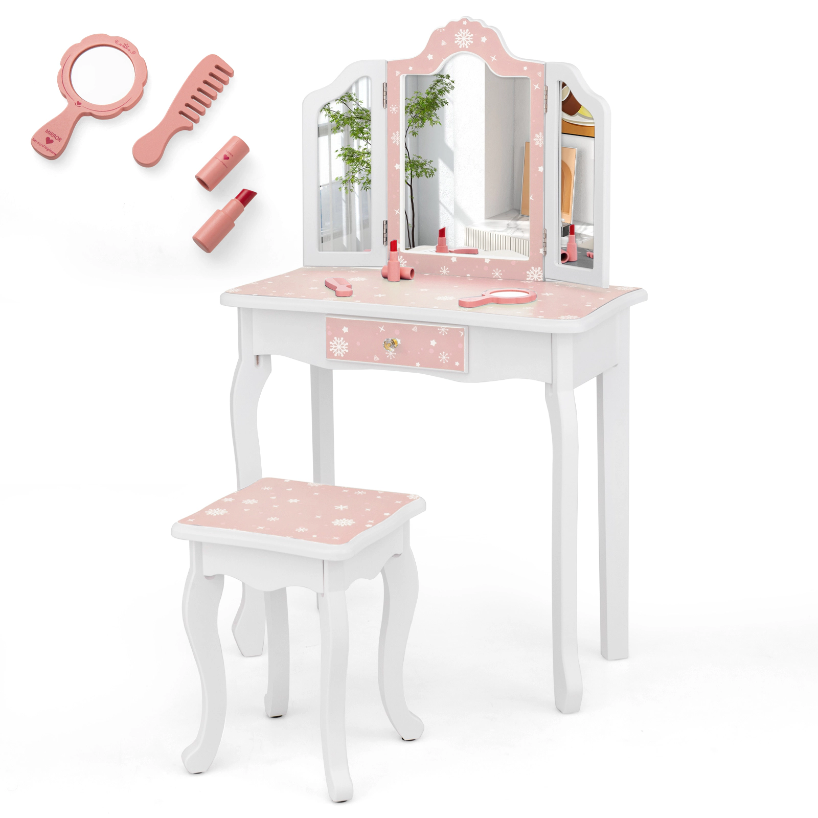 SUGIFT Princess Pretend Play Makeup Vanity Table & Stool Set with Tri-folding Mirror 110-lb Stool Capacity Ages 3-7 Pink