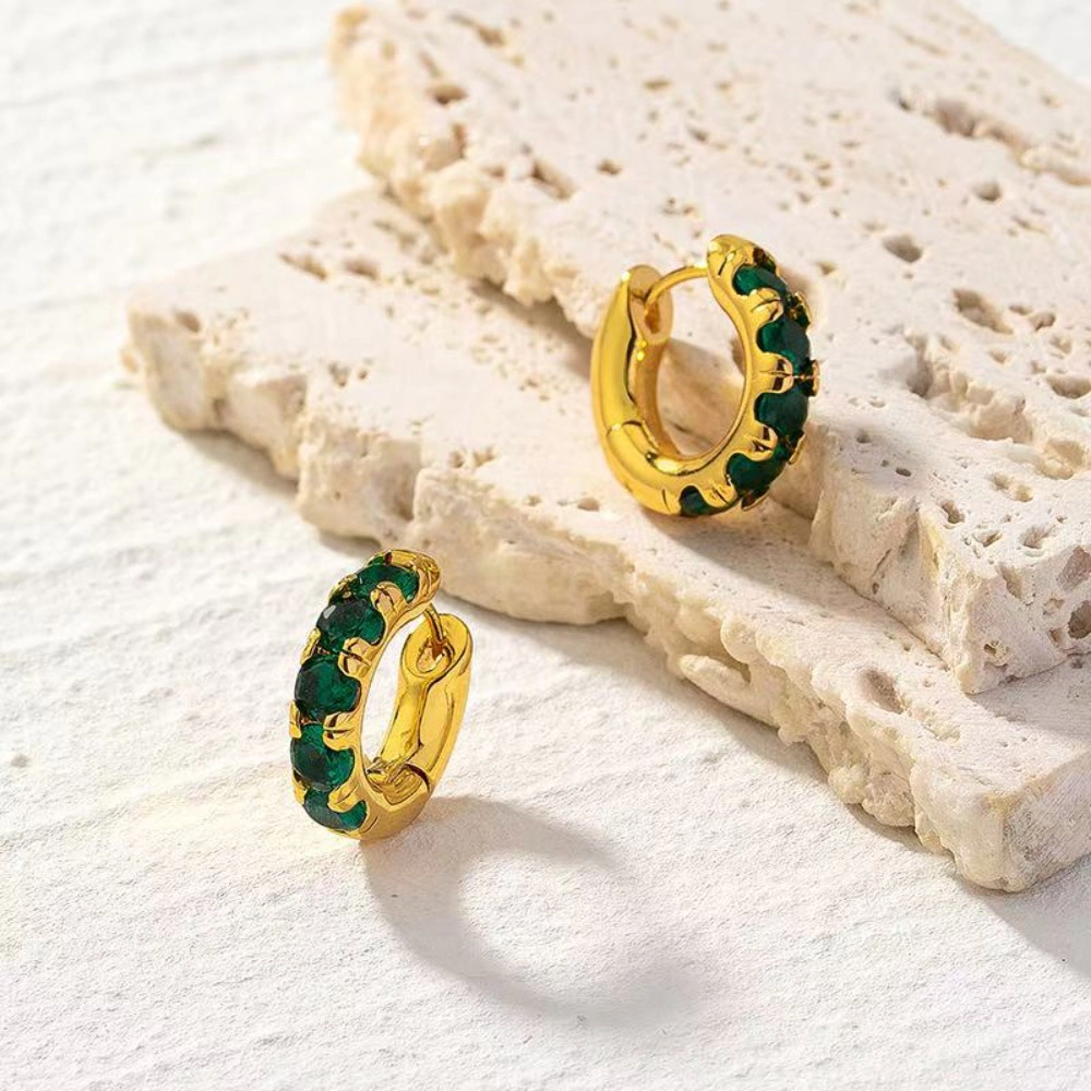 Emerald Green Round Cubic Zirconia Huggie Hoop Earring