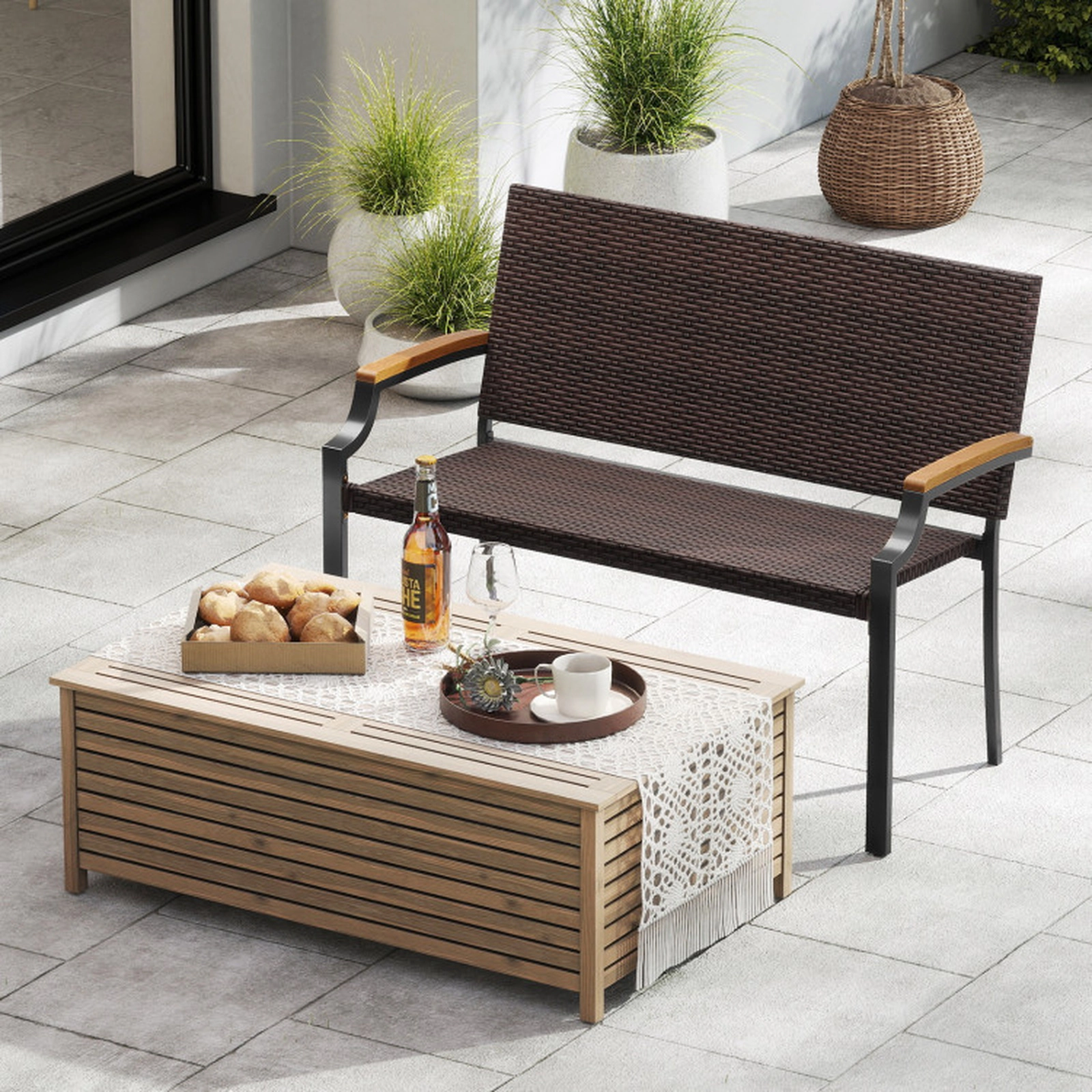 SUGIFT Natural Acacia Wood Armrests and Coated Metal Frame Patio Wicker Loveseat