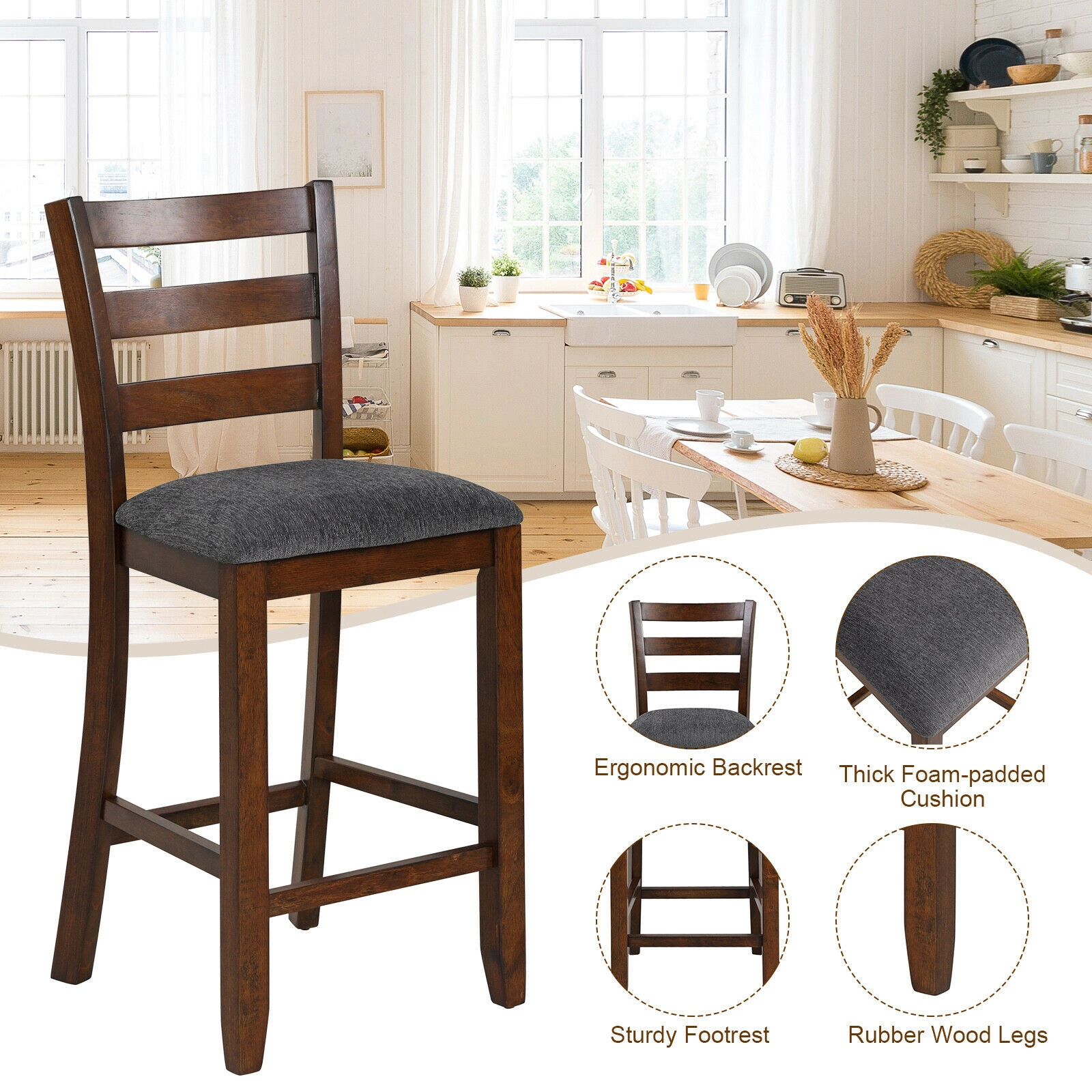 SUGIFT Set of 2 26-in Seat H Fabric Seat and Rubber Wood Legs 330-lb Counter Height Bar Stools Brown