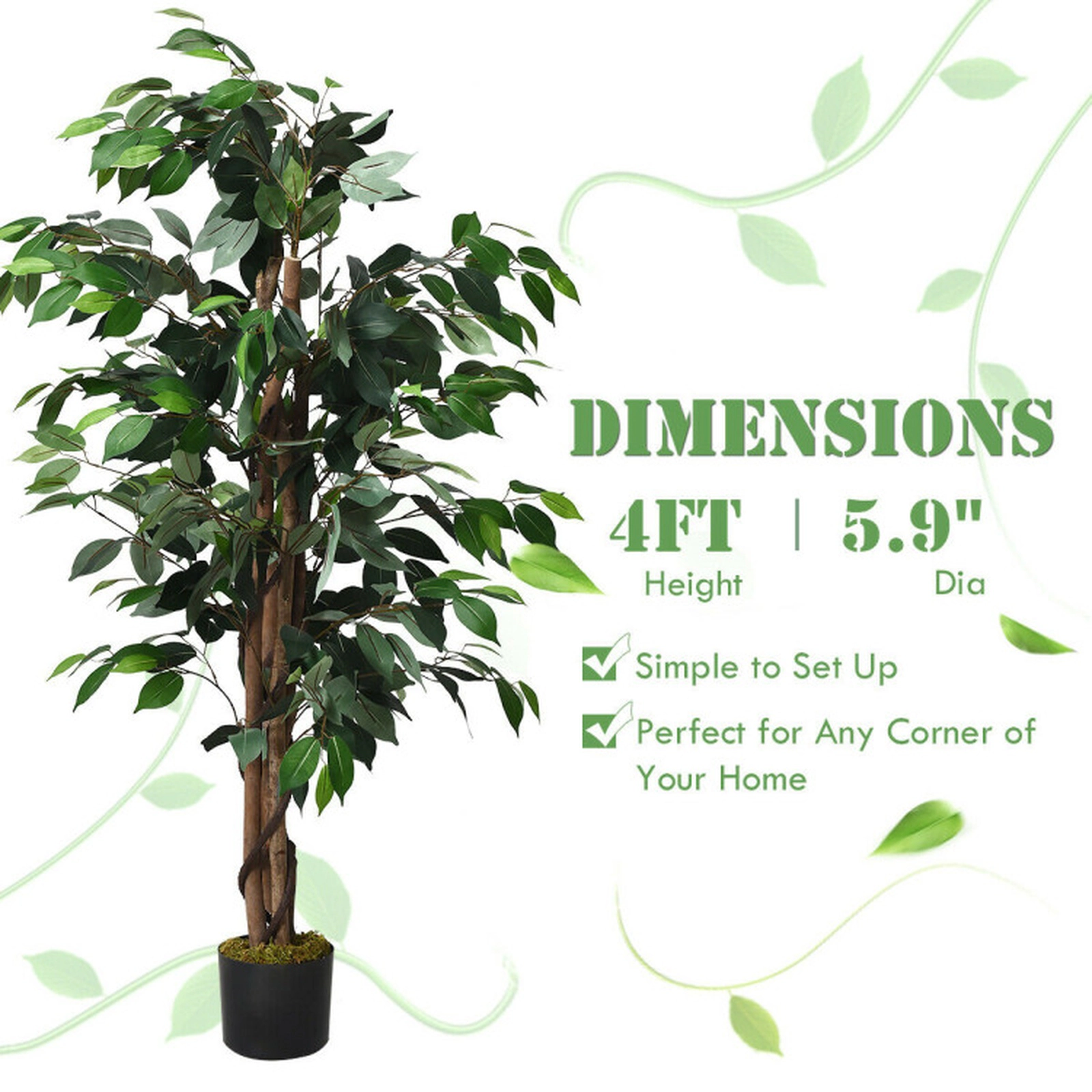 SUGIFT 4-ft 504 Leaves Multiple Trunks Moss Covered Cement Base Artificial Ficus Tree 5.9-in Pot 9-lb Green