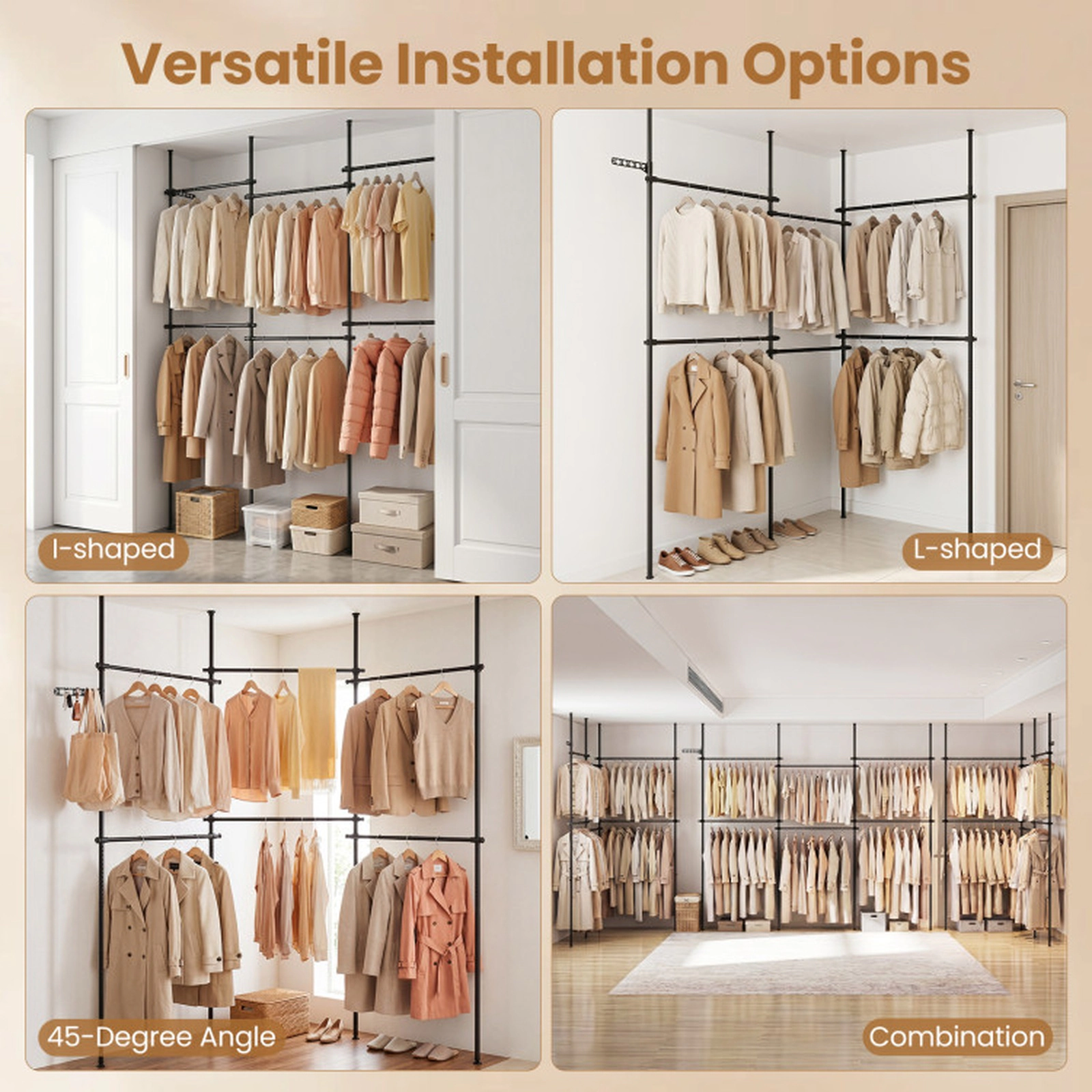SUGIFT Black Adjustable Floor to Ceiling Clothes Rack with 6 Hanging Rods and No-Drill Telescoping Poles
