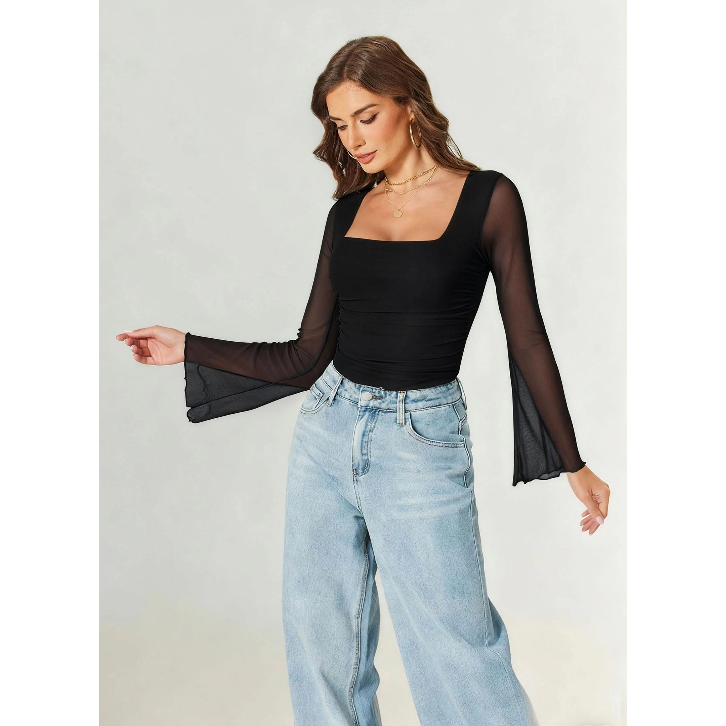 Avidlove Women's Long Bell Sleeve Mesh Square Neck Ruched Bodysuit