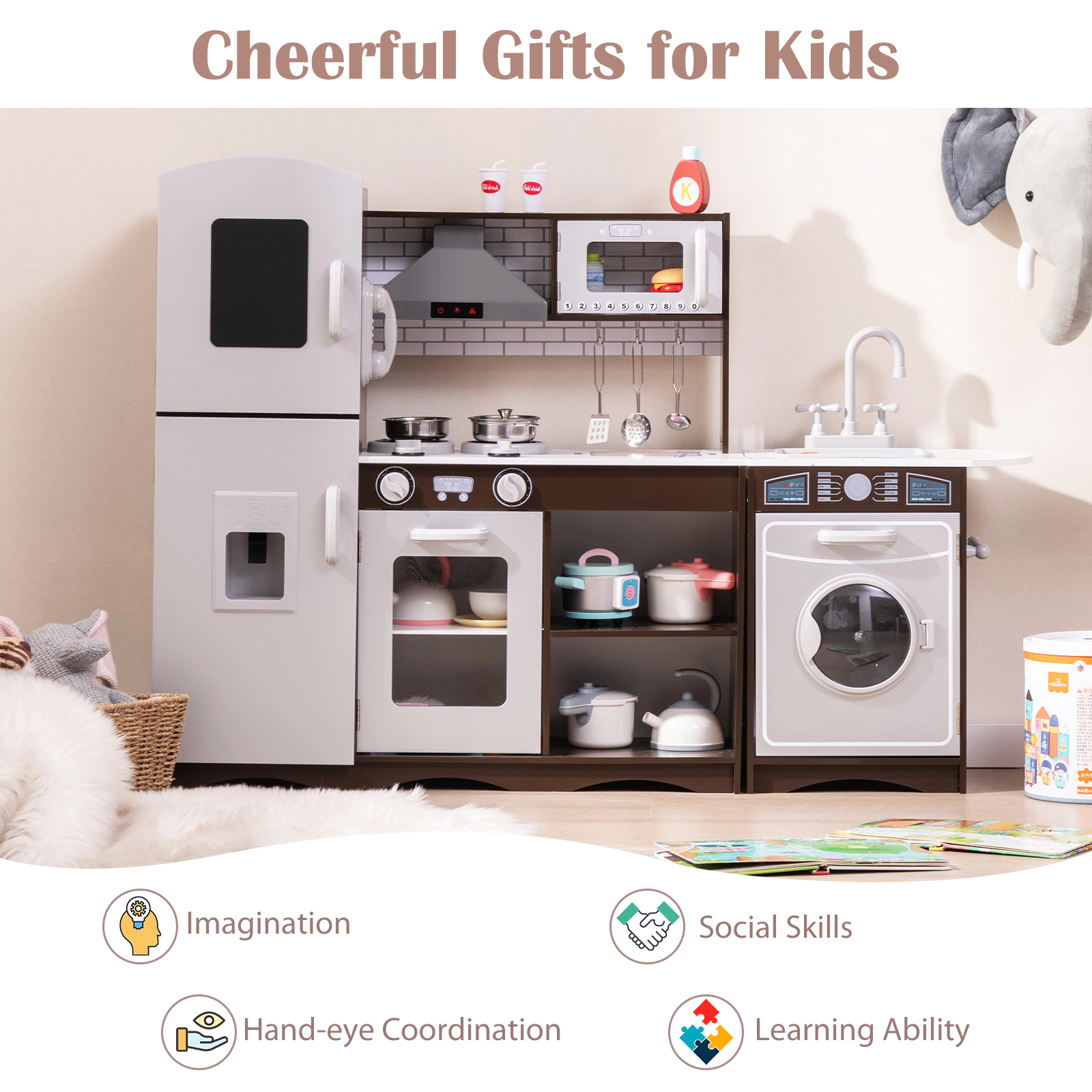 SUGIFT Dark Brown Interactive Lights Sounds and Ice Maker Corner Kids Toy Kitchen Set