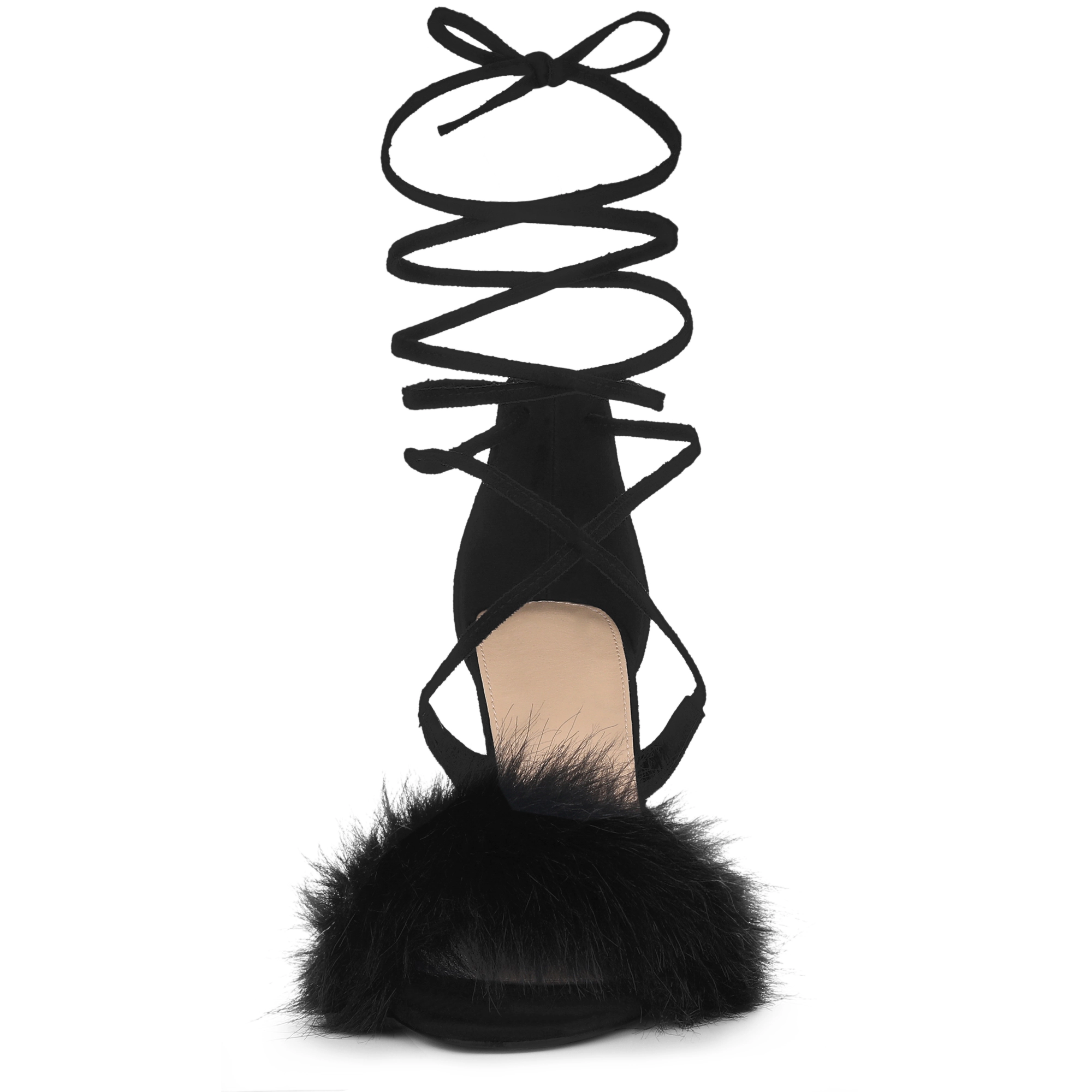 BLISSFUL STEP Women's Faux Fur Lace Up Stiletto Heel Ankle Wrap Tie Sandals