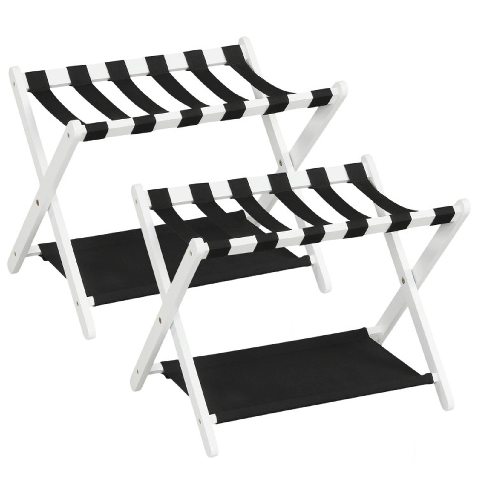 SUGIFT Set of 2 Folding Solid Rubberwood Luggage Rack Suitcase Stand with Nylon Shelves for Guest Room