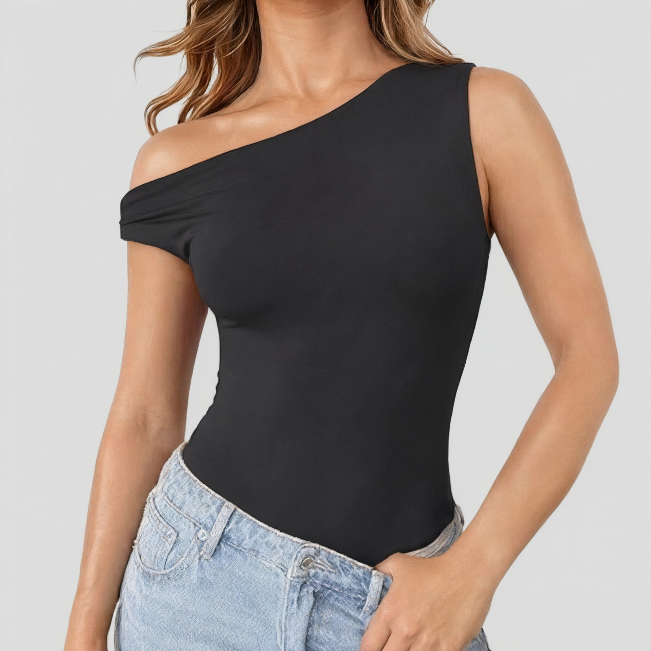 Avidlove Women's Asymmetric Off Shoulder Double Lined Thong Snap Closure Bodysuit