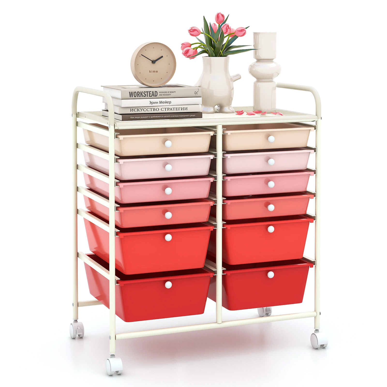 SUGIFT 12-Drawer Rolling Storage Cart with Removable Drawers and 23-in Top Pink