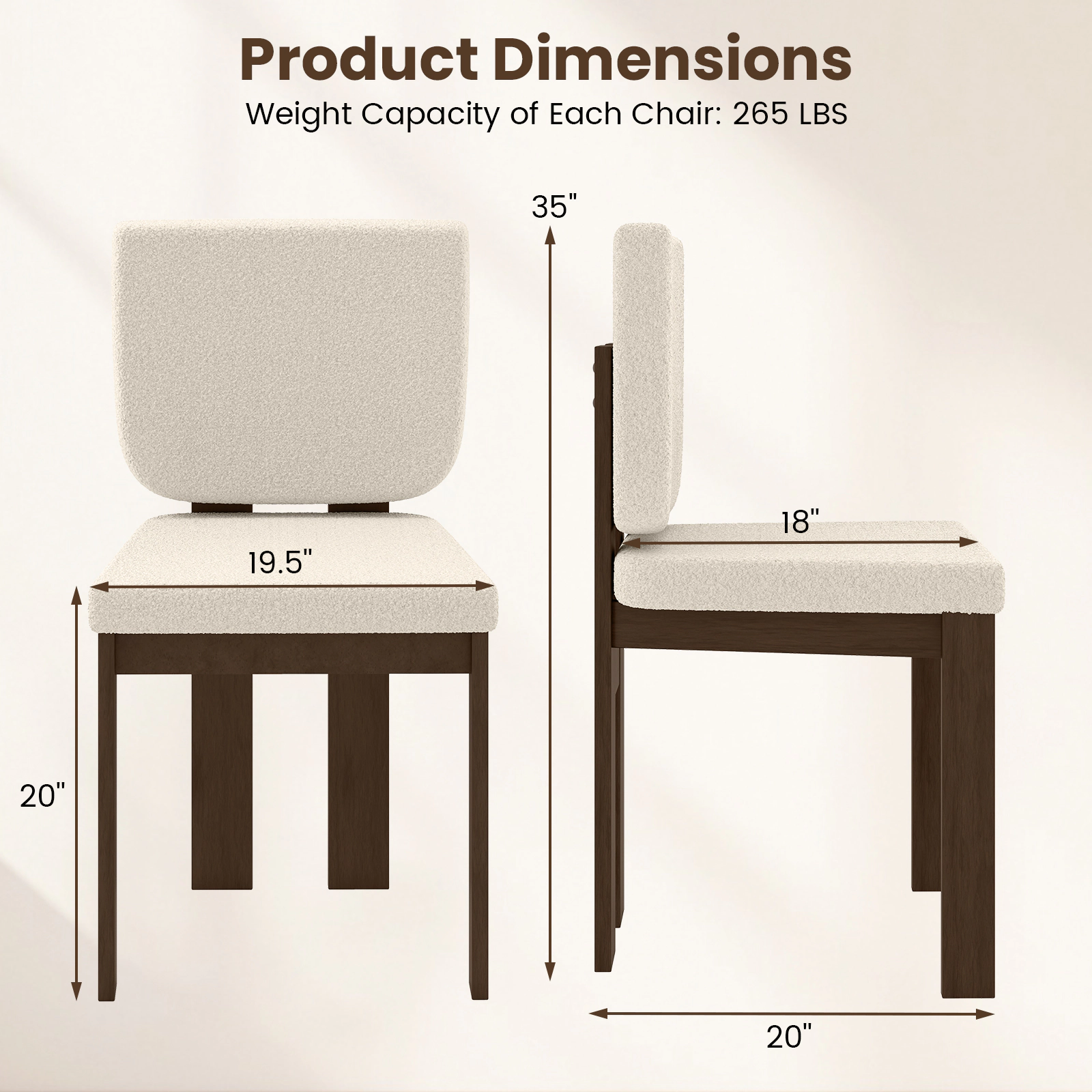 SUGIFT Sherpa Upholstered Wooden Dining Chair Set of 2 Rubber Wood Legs 265-lb Capacity Brown+White 19.5 x 20 x 35 in