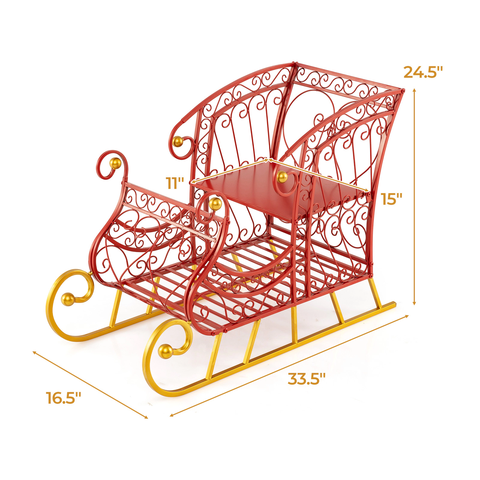 SUGIFT Red and Gold 2-Tier 33.5-in Metal Christmas Santa Sleigh Basket for Gift and Ornament Storage