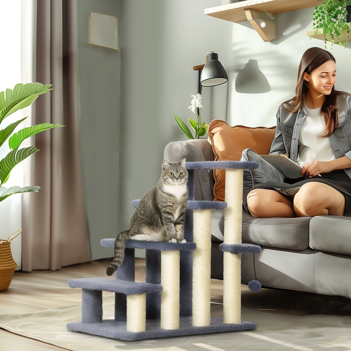 212 Main Paw Hut 4 Levels Cat Steps with Scratching Posts for High Bed, Sofa - Gray