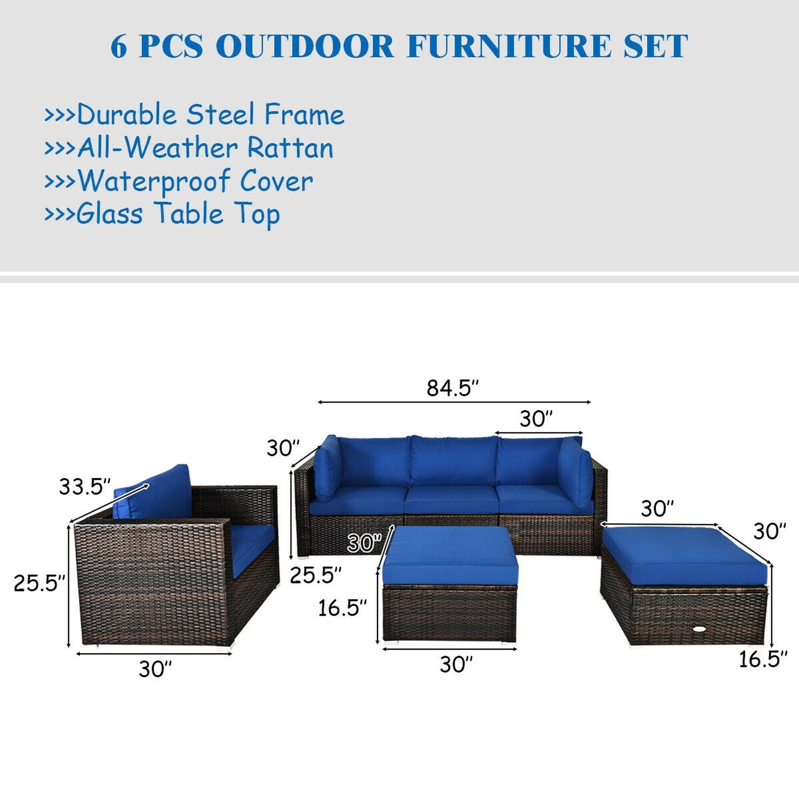 SUGIFT 6 Piece Patio Rattan Furniture Set Blue Sectional Sofa with Ottoman and Cushions
