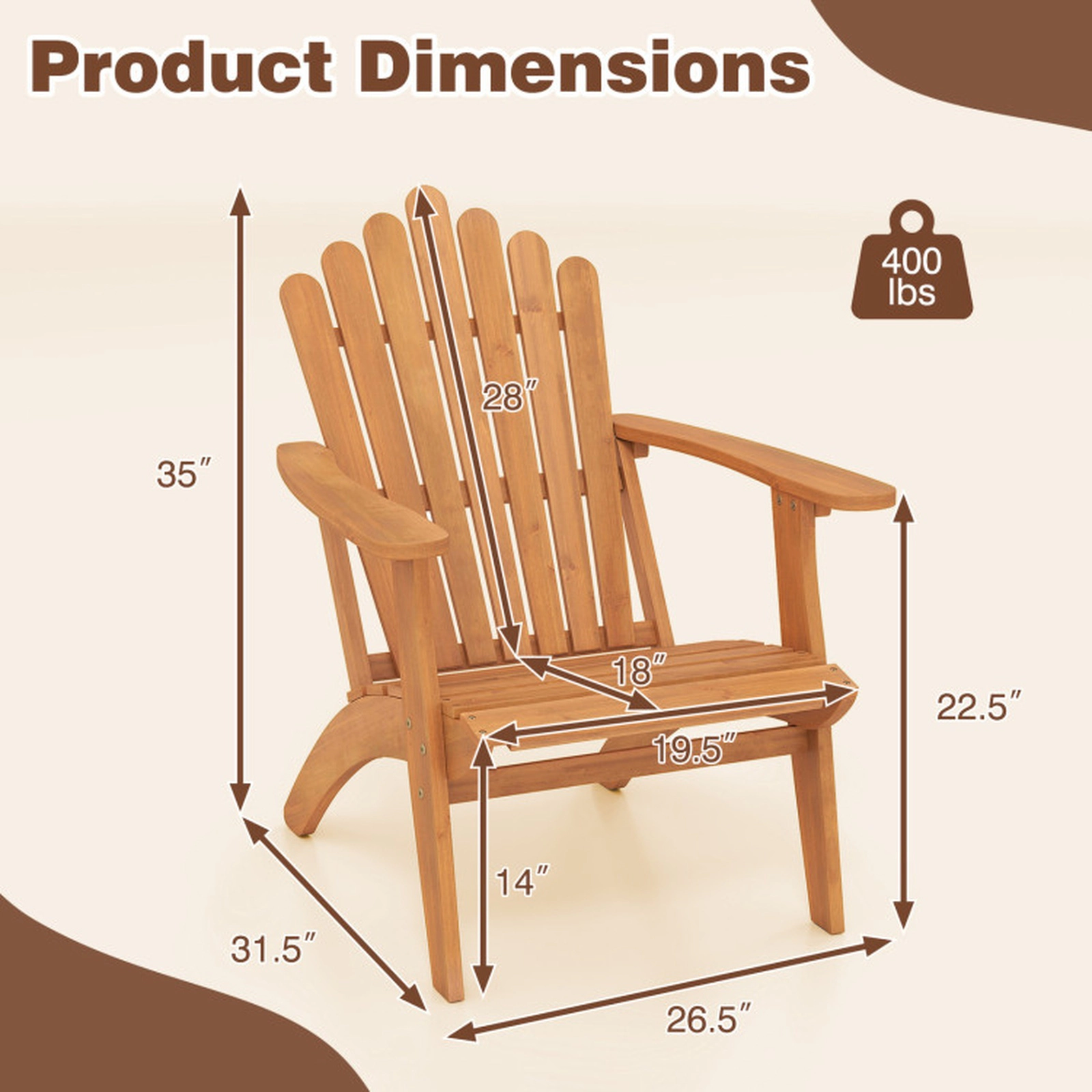 SUGIFT Solid Acacia Wood Adirondack Patio Chair 400-lb Capacity Frame 19.5 x 18 in Seat Natural Single Chair