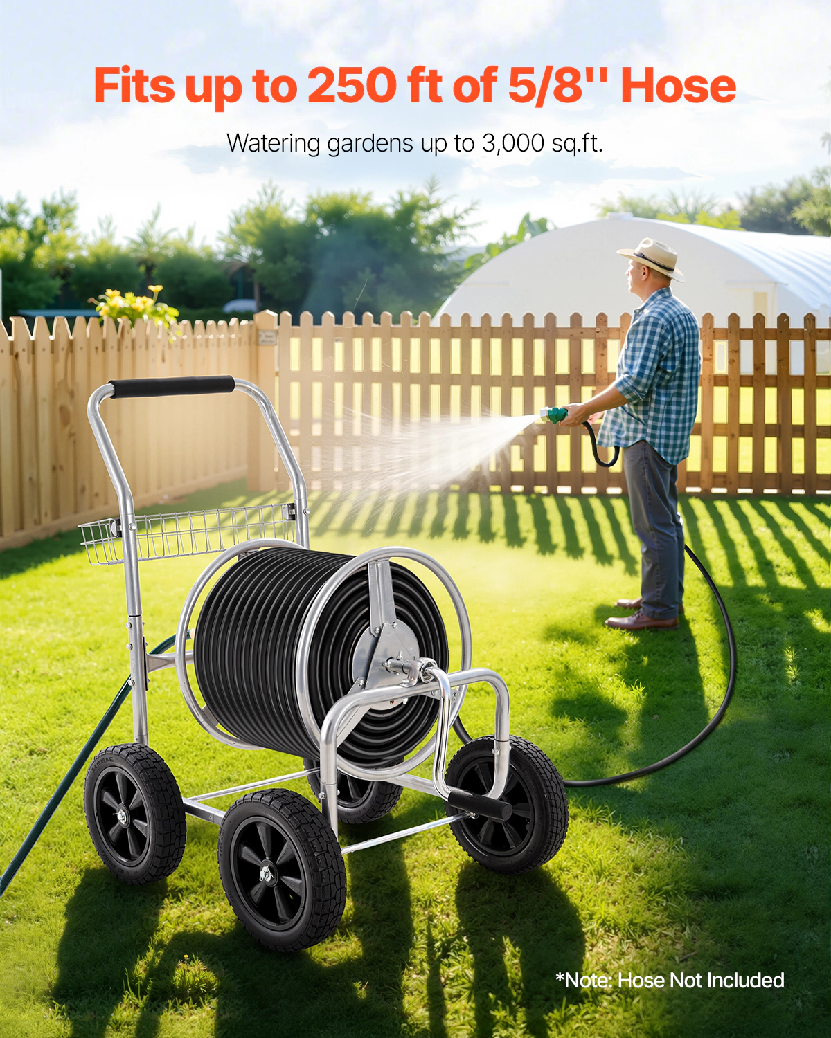 HONGGE Garden Hose Reel Cart, Holds Up to 250 ft of 5/8 in Hose, 4-Wheel Steel Cart with Storage Basket