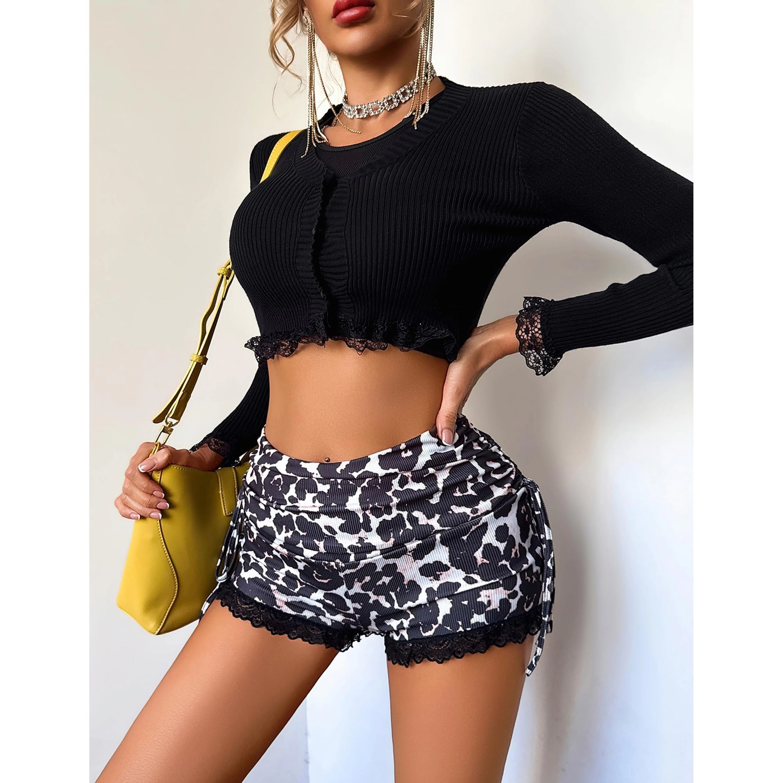 AVIDLOVE Women's Slim Fit Ruched Drawstring Lace Trim Soft Shorts