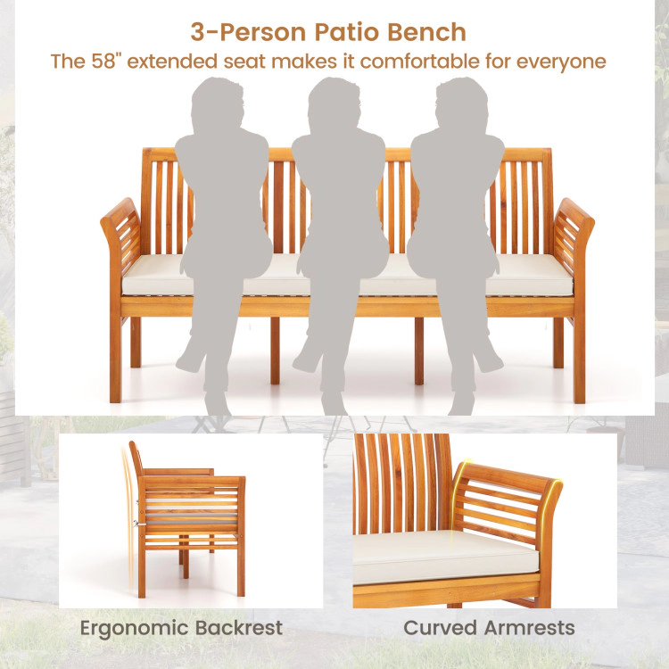 Hivvago 62.5 Inches Patio 3-Seat Wood Bench With Soft Seat Cushions-White