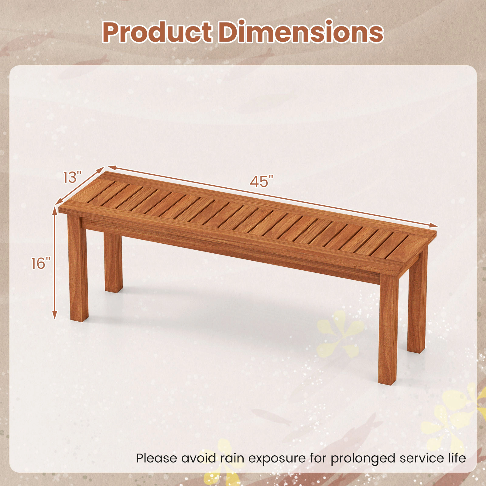 SUGIFT 45-Inch Natural Wood Outdoor Garden Bench, 440-Lb Capacity, 2-Seat Backless Slatted Design