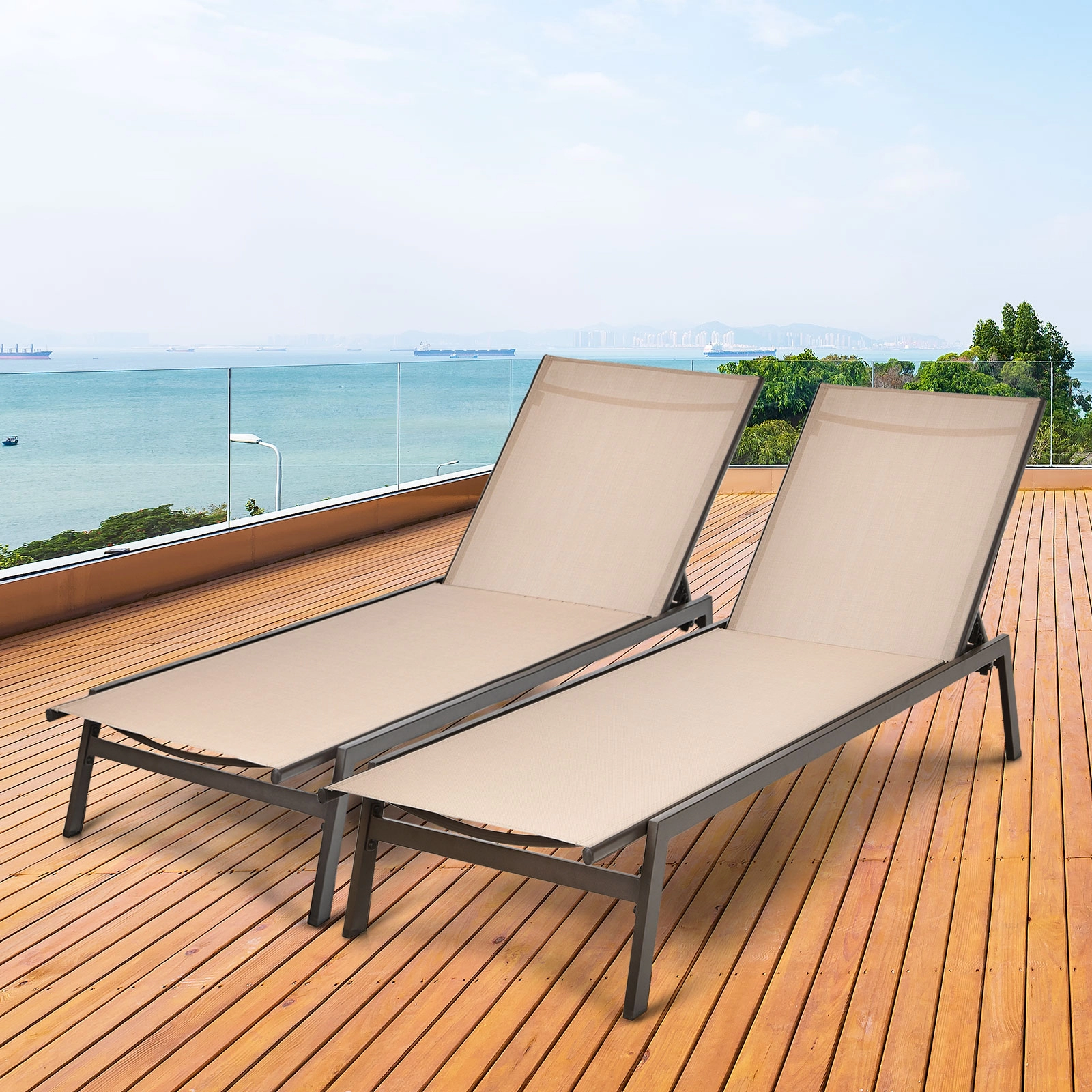 SUGIFT Brown Outdoor Reclining Chaise Lounge with 6-Position Adjustable Backrest