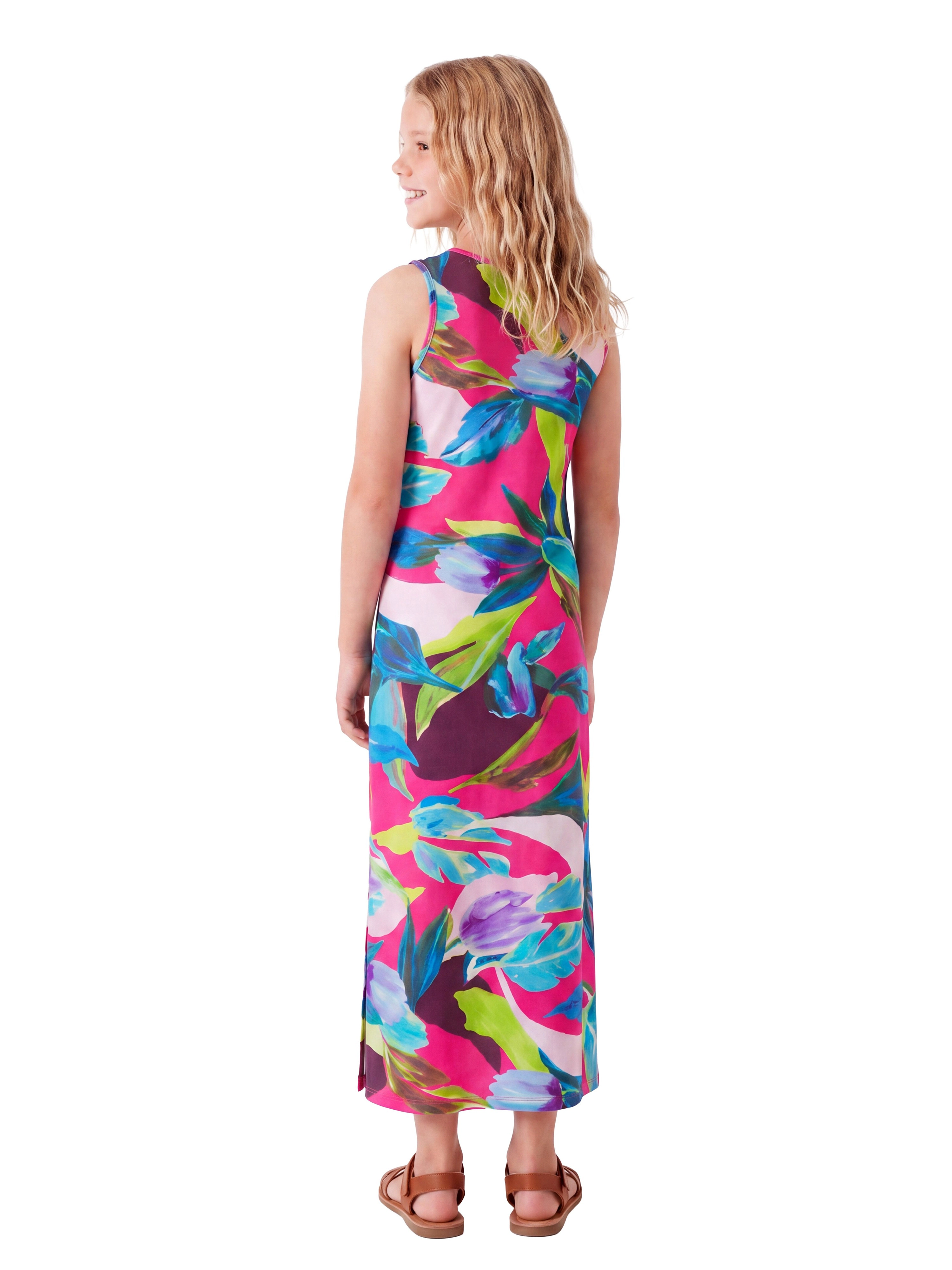 24sevenkid Girls Pink Floral Print Side Slit Maxi Dress