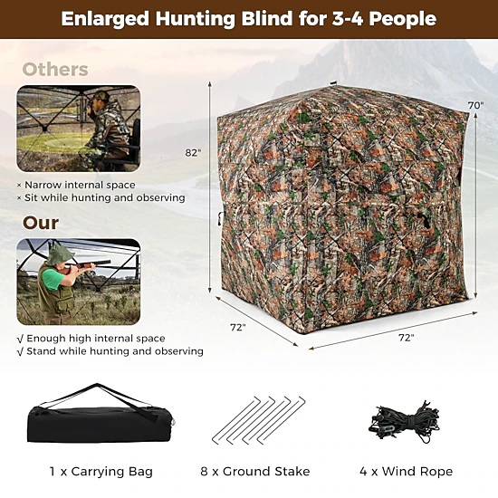 LJG 82 Inch Tall Hunting Blind 270° One Way See Through Ground Tent for 3-4 People