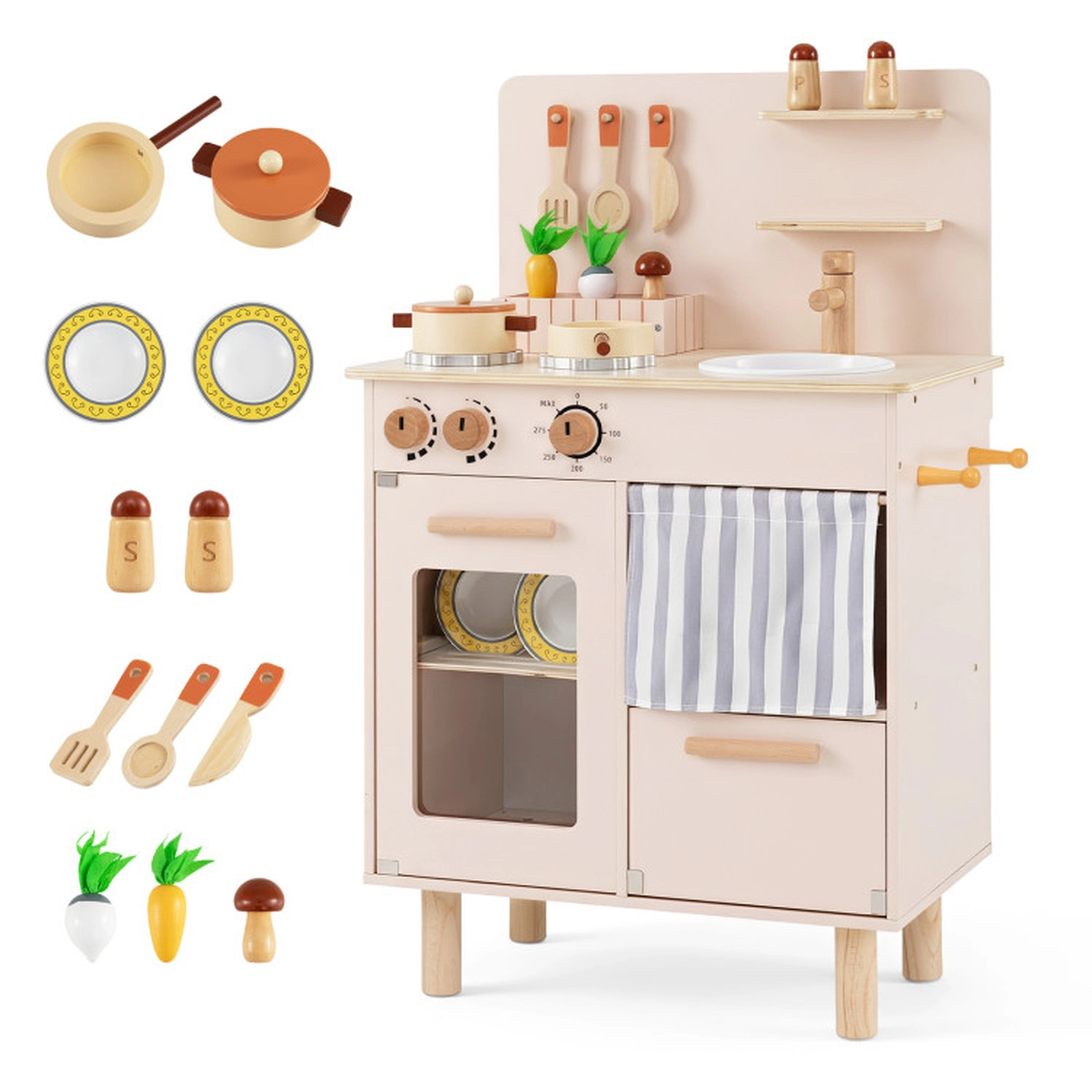 SUGIFT Wooden Play Kitchen for Kids Toddler Kitchen Playset with Stoves Faucet and Sink 32-in Tall Ages 3+ Beige
