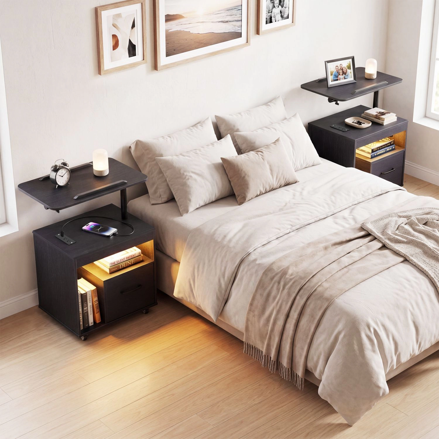 SlickBlue LED Nightstand with Charging Station & Rotating Tabletop