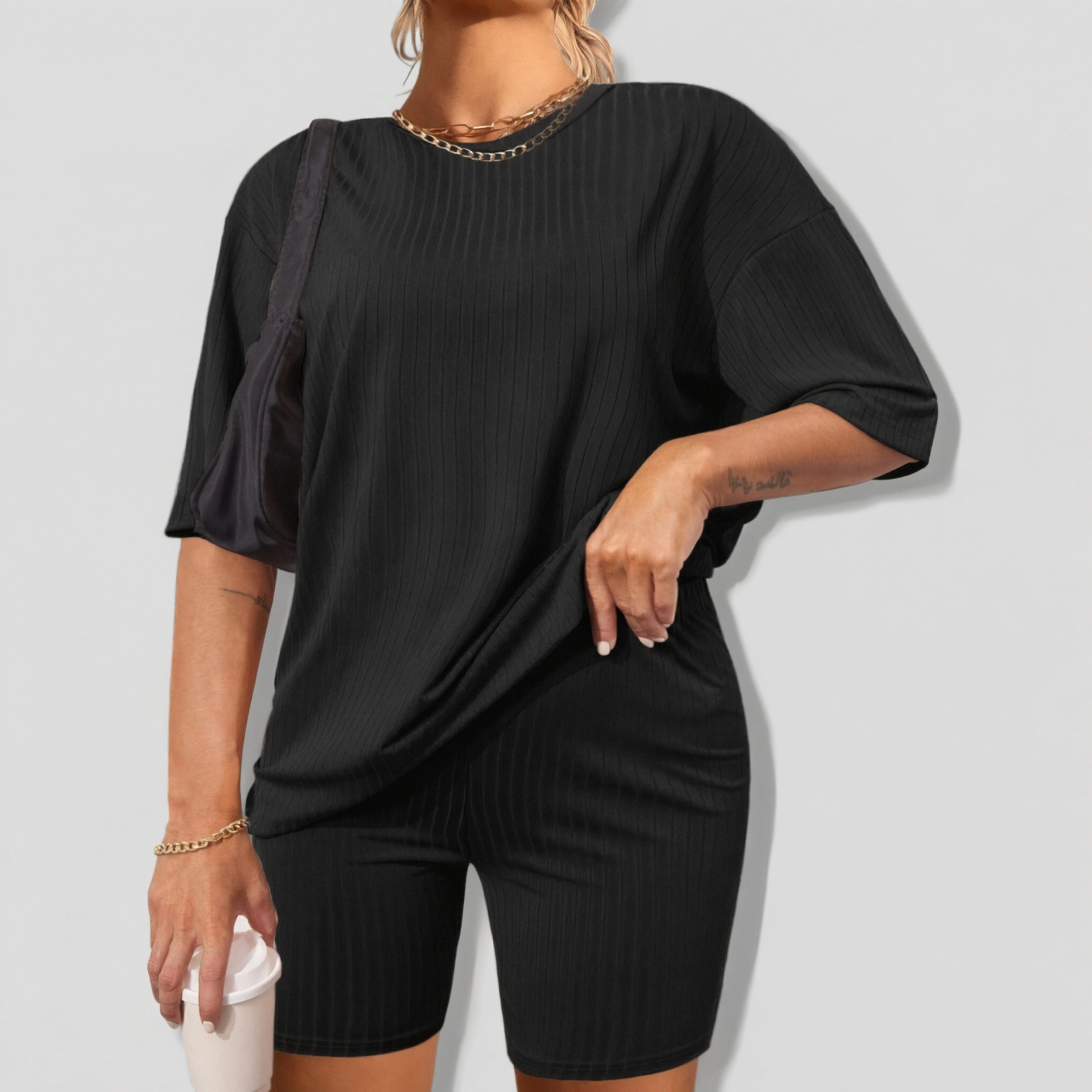 Ekouaer Pajamas 2 Pc Lounge Sets Ribbed Knit Matching Outfits T-shirt Biker Shorts Sleepwear