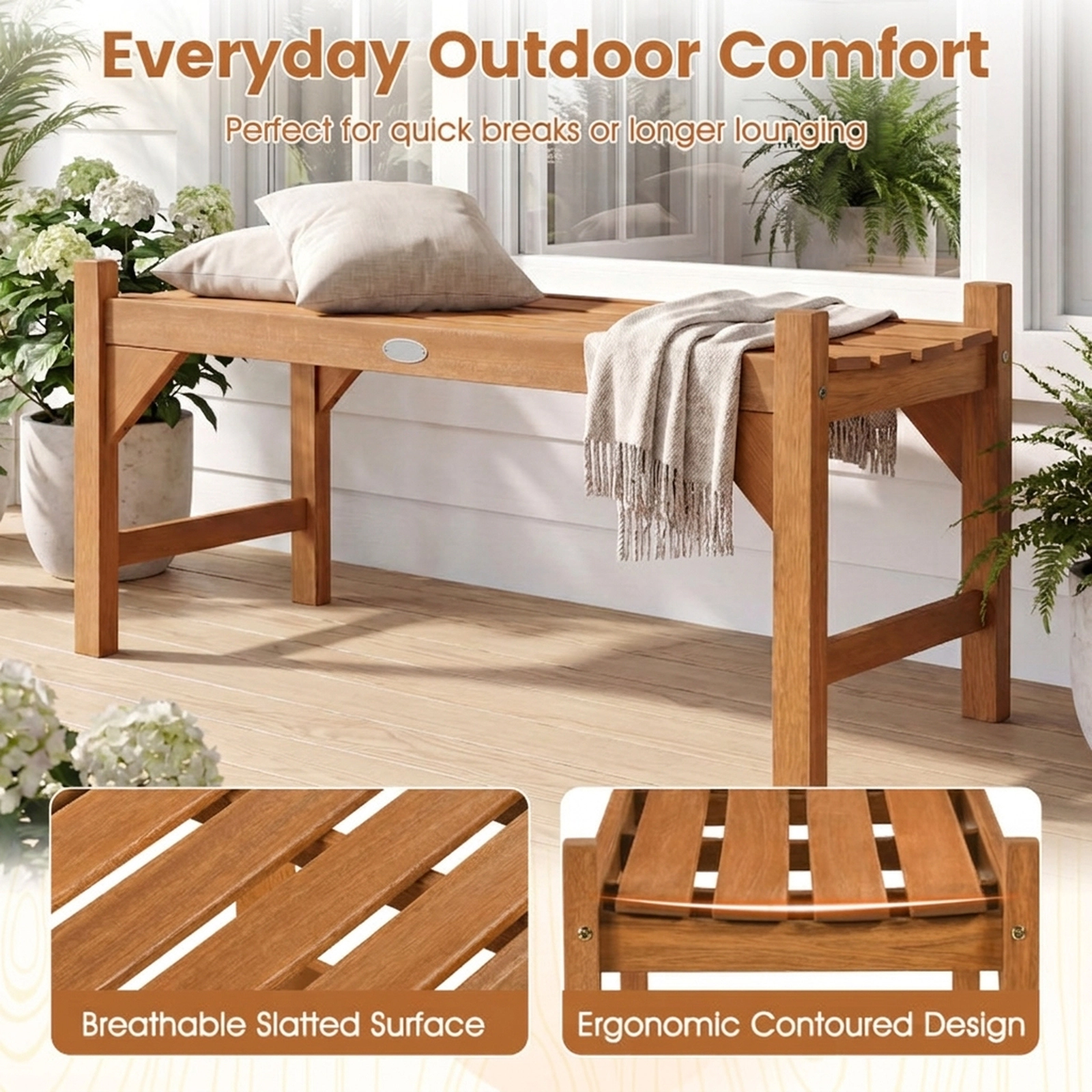 SUGIFT Solid Hardwood Outdoor Bench with Slatted Contoured Seat 530-Lb Capacity Natural
