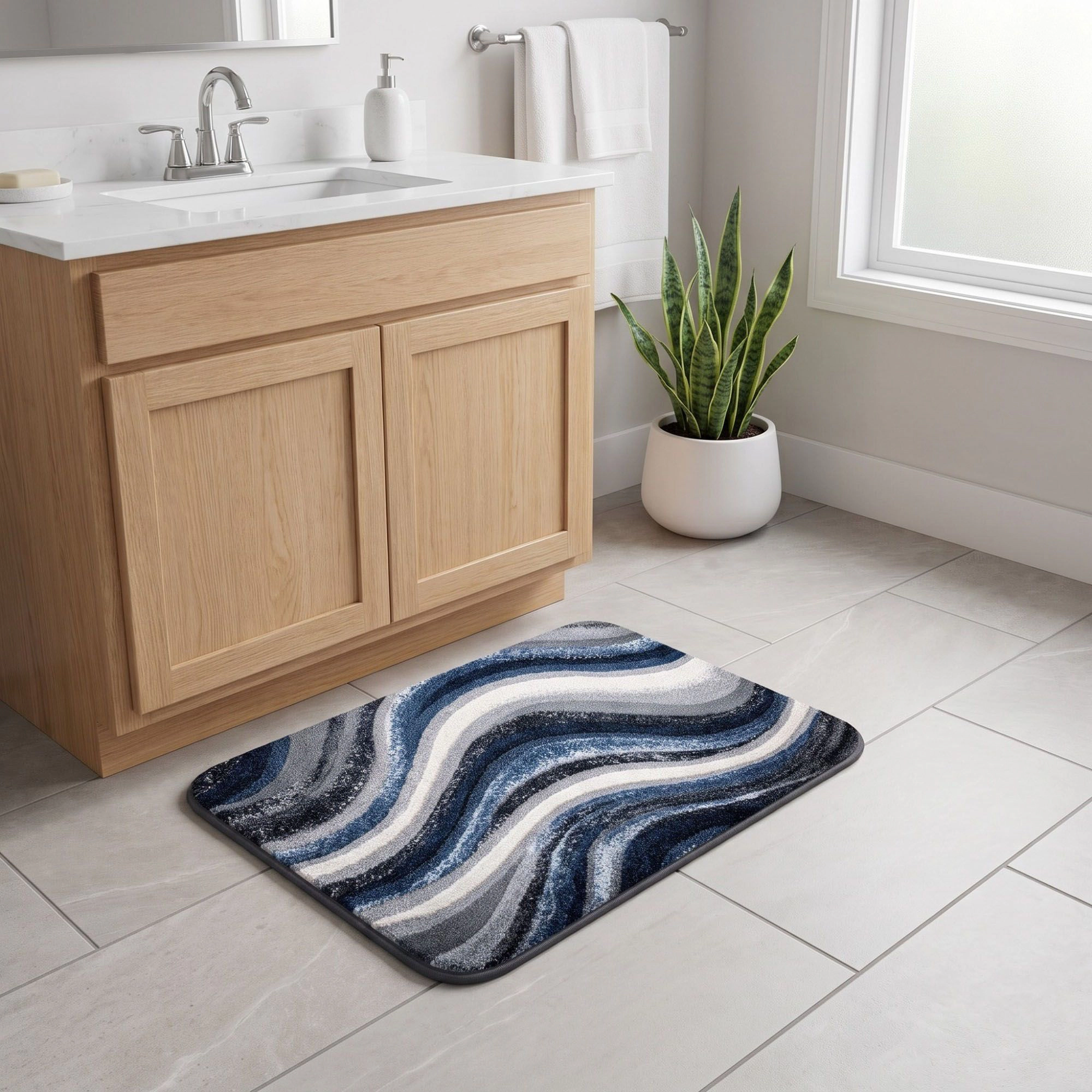 Alilang Unisex Abstract Navy Blue Wave Plush Bathroom Mat with Swirling Line Design