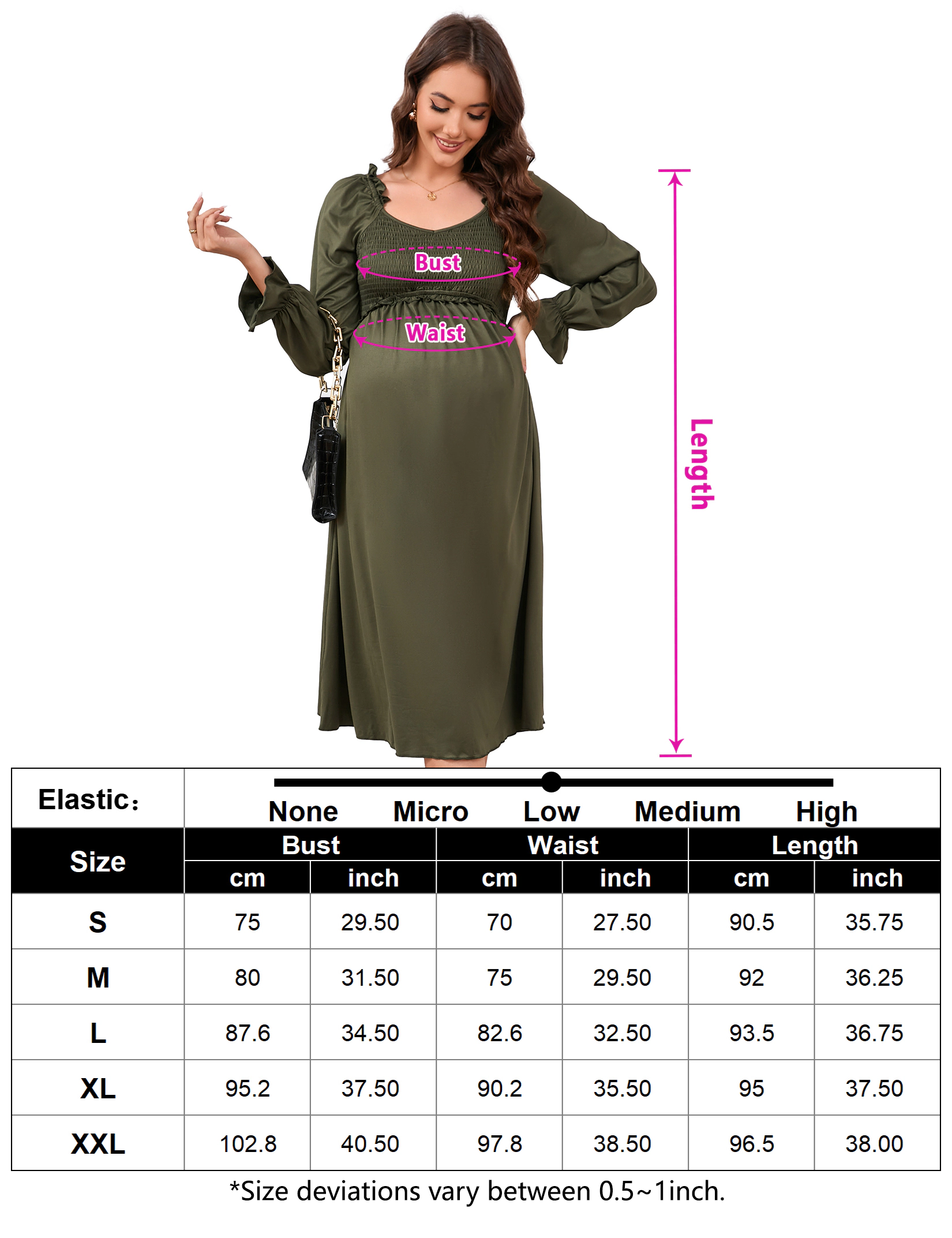 KOJOOIN Maternity Smocked Maxi Dress for Women V-Neck Long Sleeve Flowy