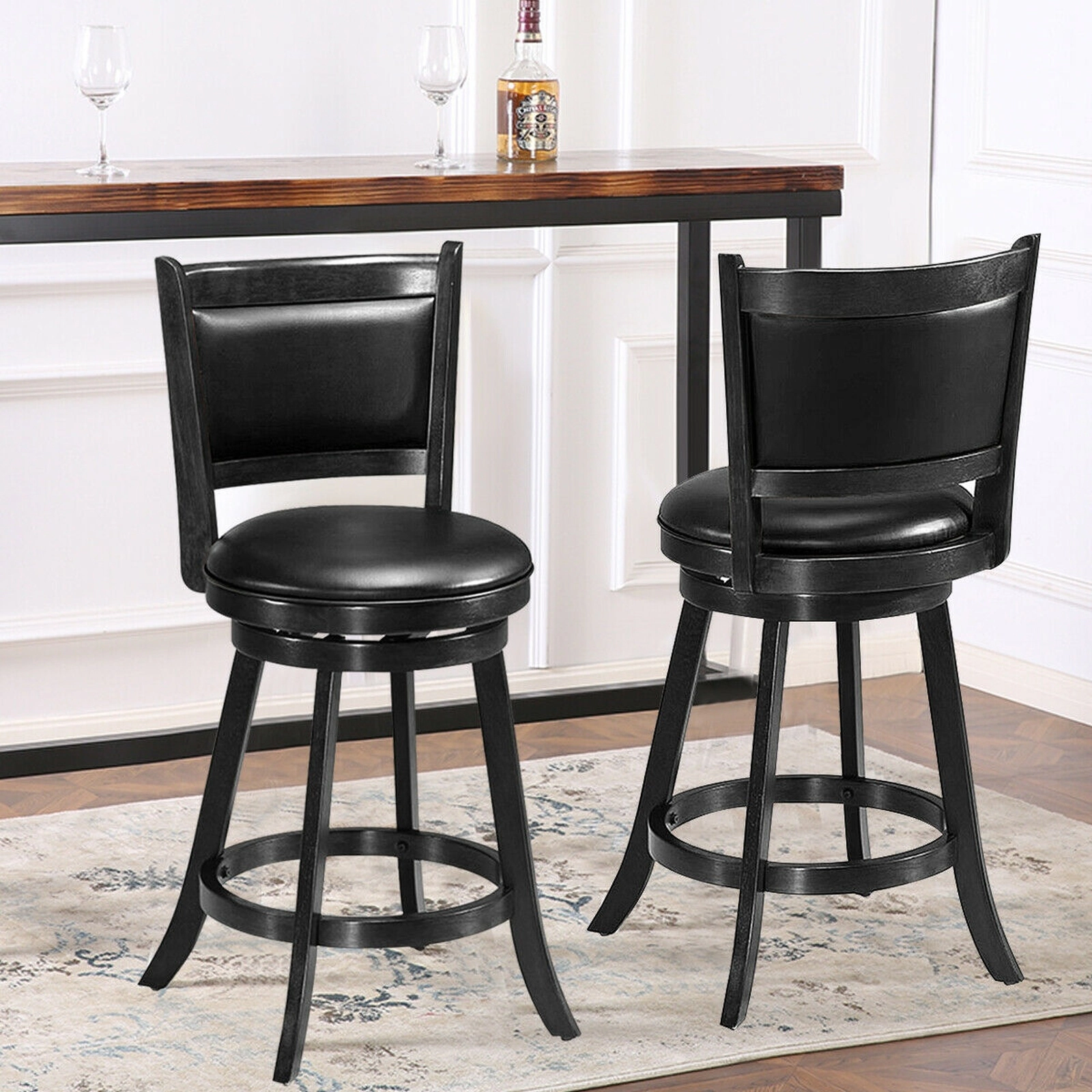 SUGIFT 2-Piece 24-in Swivel Counter Stool Set 264-lb Capacity Rubber Wood Frame Upholstered Seat Panel Back Black