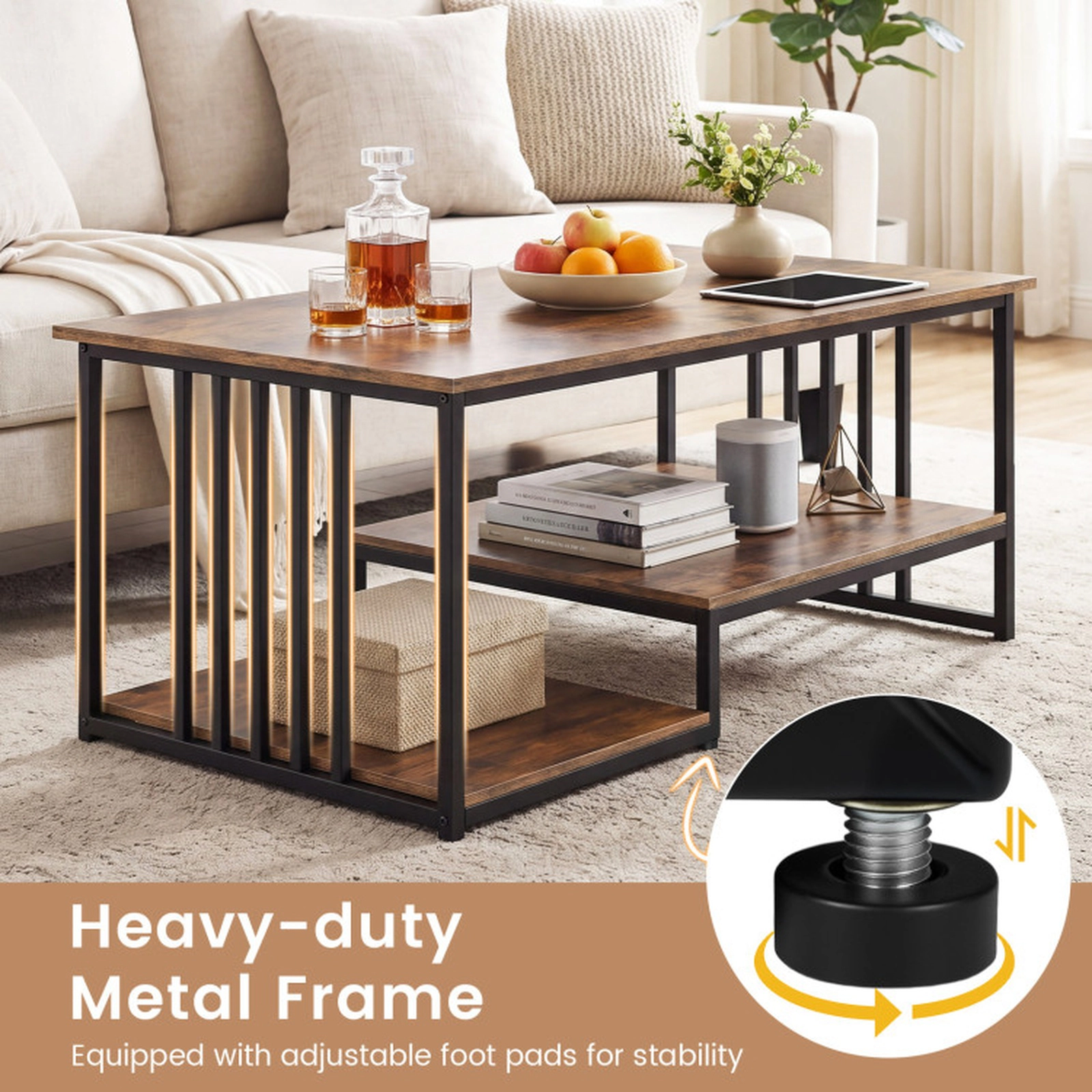 SUGIFT 2-Tier Slatted Metal Frame Open Shelf Coffee Table 43.5-in x 23.5-in x 18-in 110-lb Capacity Rustic Brown