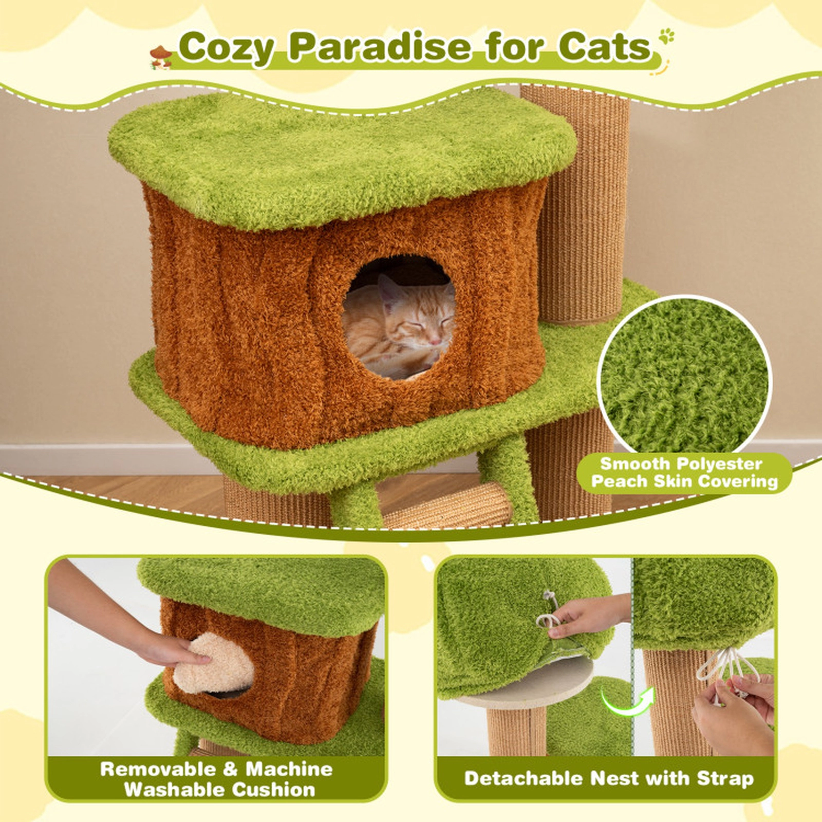 SUGIFT Green 56 in Mushroom Nest Condo and Climbing Ladder Cute Cat Tree