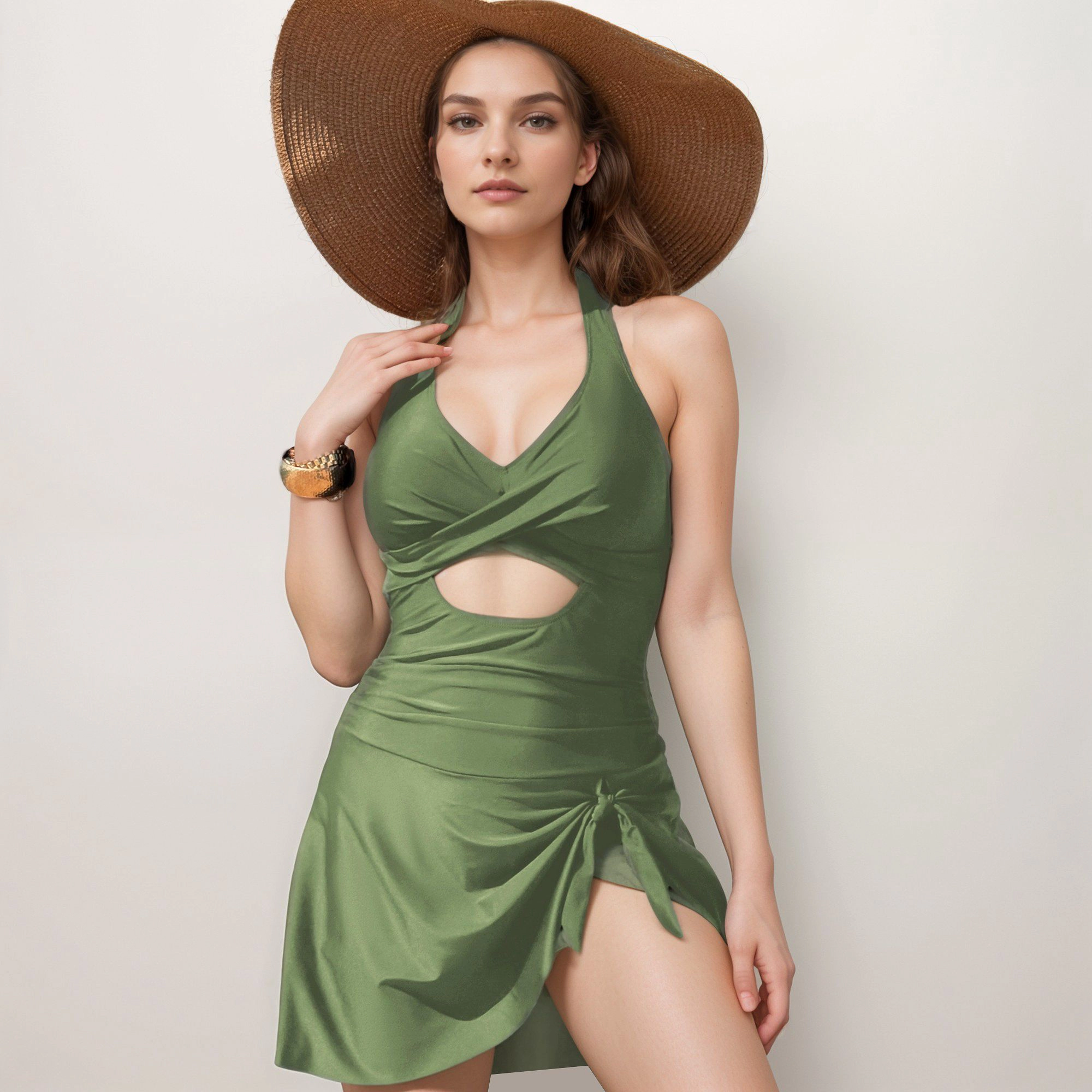 Anna-Kaci Women One-Piece Halter Swimsuit with Front Cutout and Attached Wrap Skirt