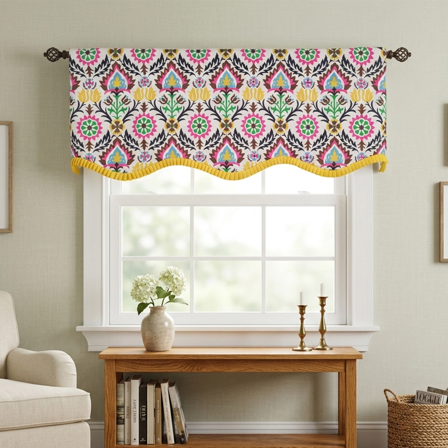 RLF Home 100% Cotton Suzani Provance With Ivory Lining Rod Pocket Window Valance 50" x 17" Yellow