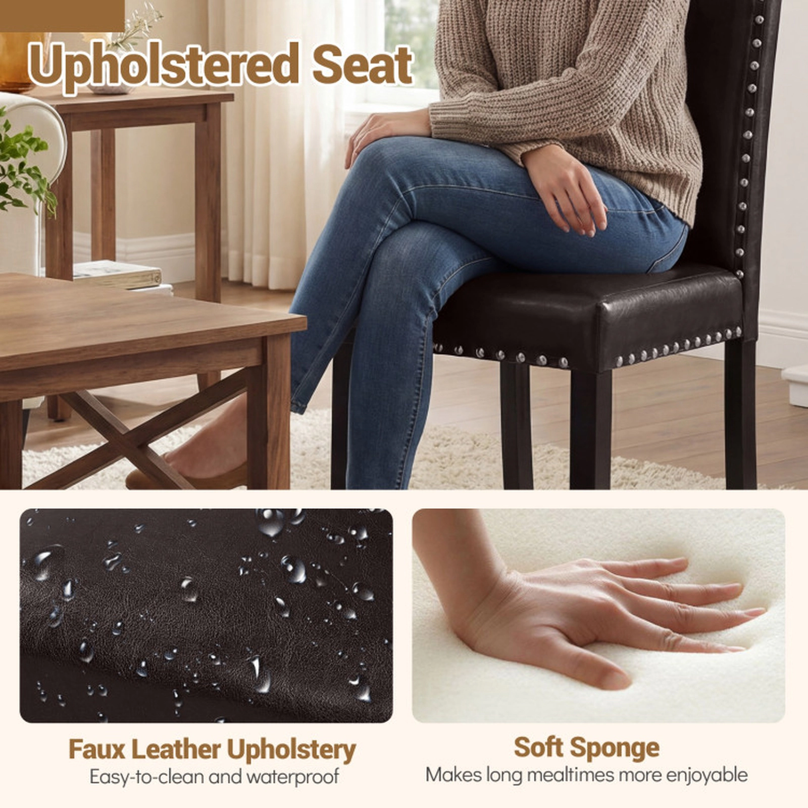SUGIFT Set of 2 Brown Faux Leather Parsons Dining Chairs with Nailhead Trim