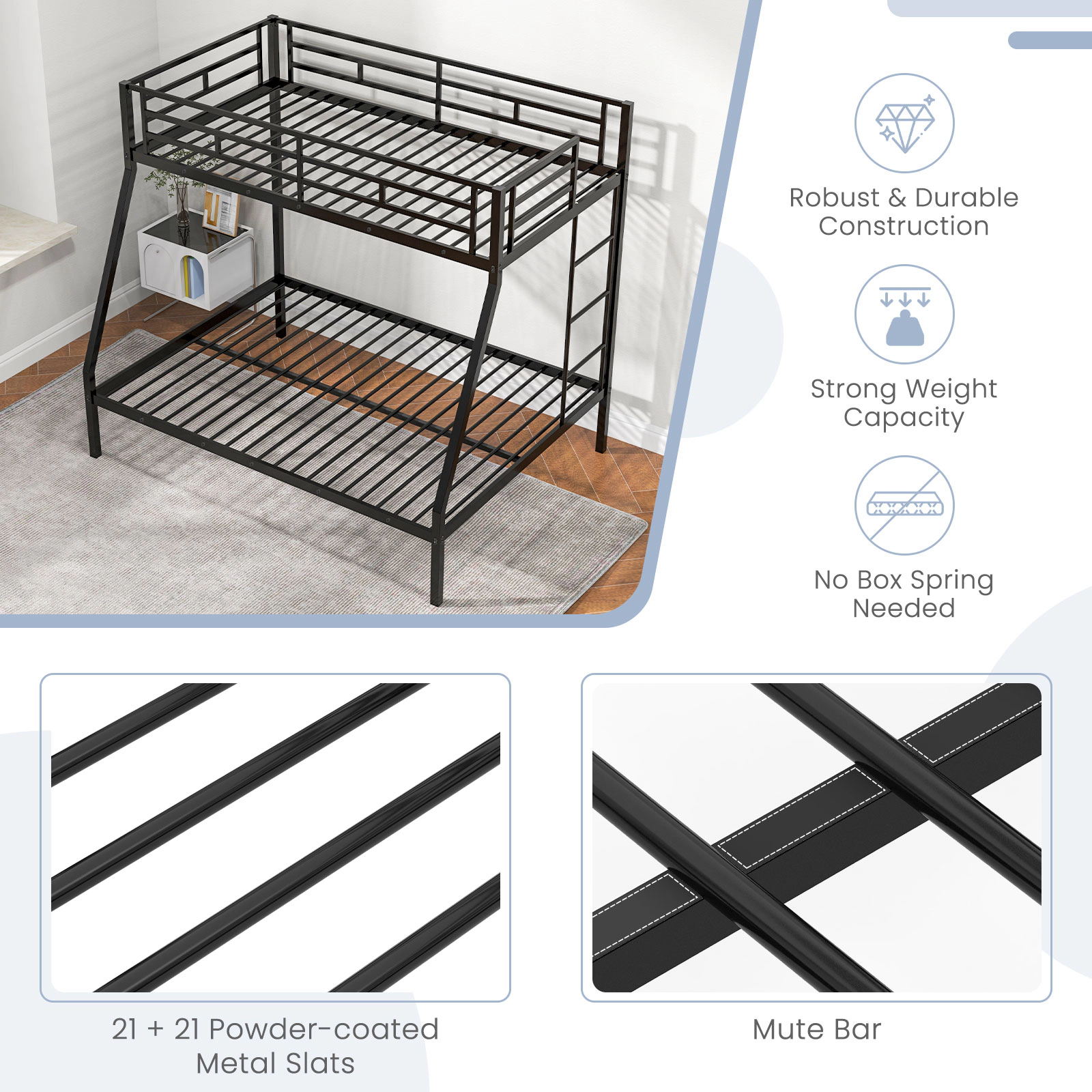 SUGIFT Space-Saving Twin-Over-Full Metal Slatted Bunk Bed Frame 440/660-Lb Capacity No Box Spring Needed Black/White
