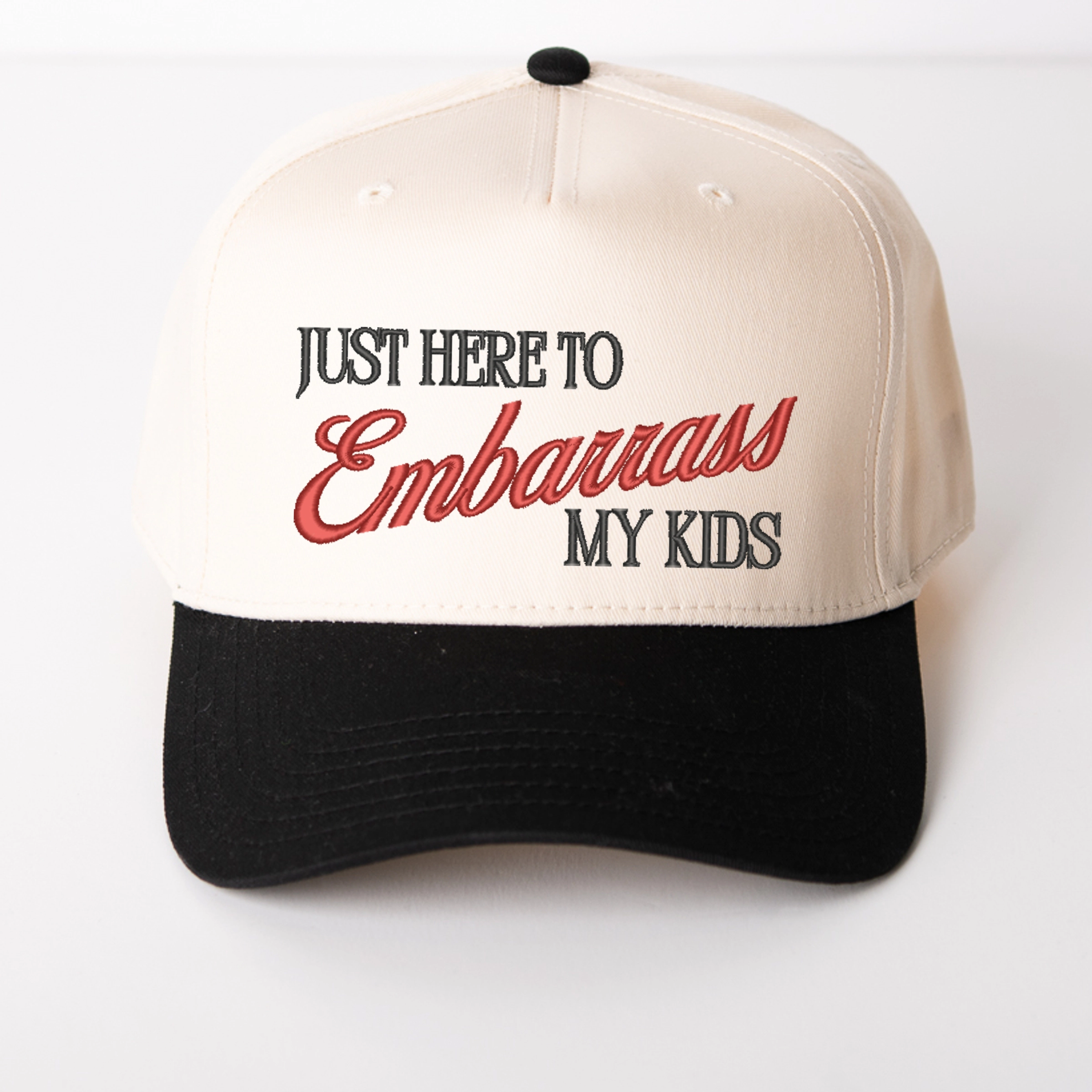 Simply Sage Market - Women's Canvas Trucker Hat Embroidered Just Here To Embarrass My Kids