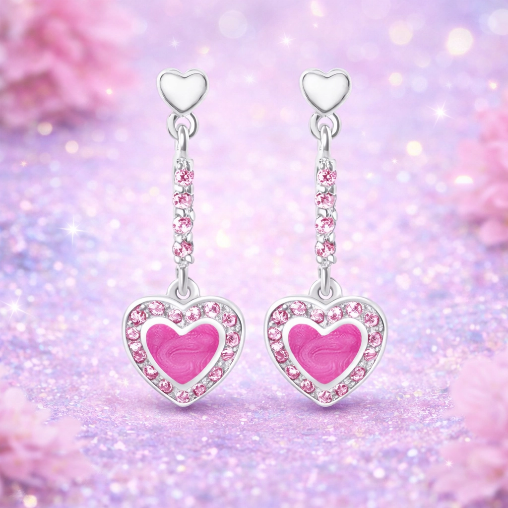 CHANTEUR Kids Pink Enamel Heart Drop Earrings - Sterling Silver Posts, Silver-Plated Brass, Pink Cubic Zirconia