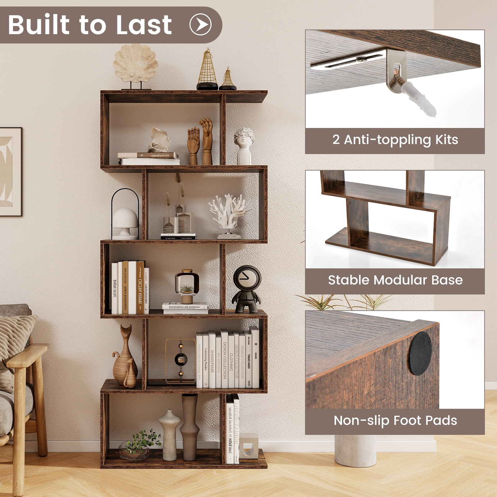 SUGIFT 5-Tier S-Shaped Engineered Wood Bookshelf 27.5-in Wide 62.5-in Tall 45-lb Shelf Capacity Rustic Brown
