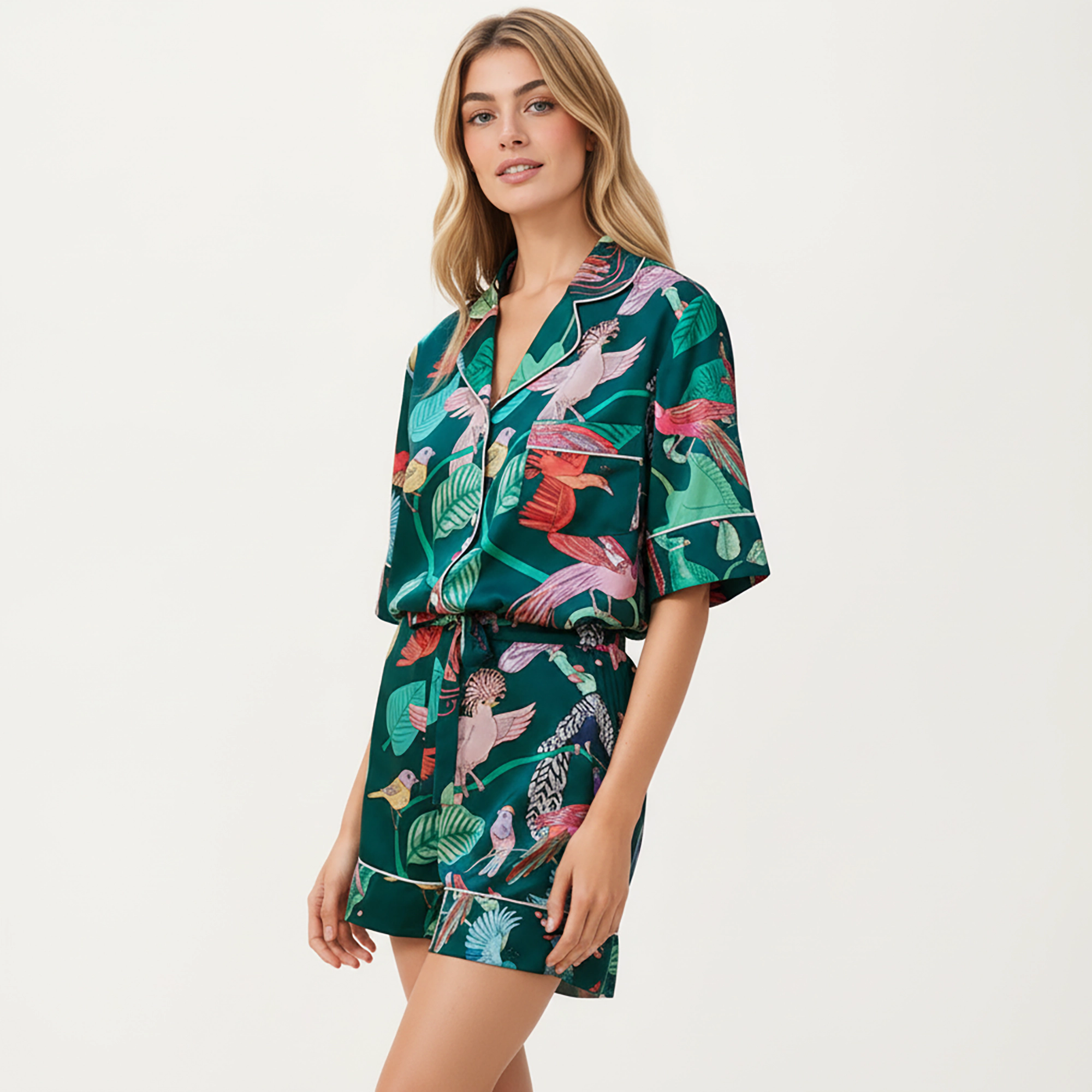 Anna-Kaci Women's Tropical Bird Print Satin Pajama Set Short Sleeve Button Up Top and Relaxed Fit Elastic Waist Shorts