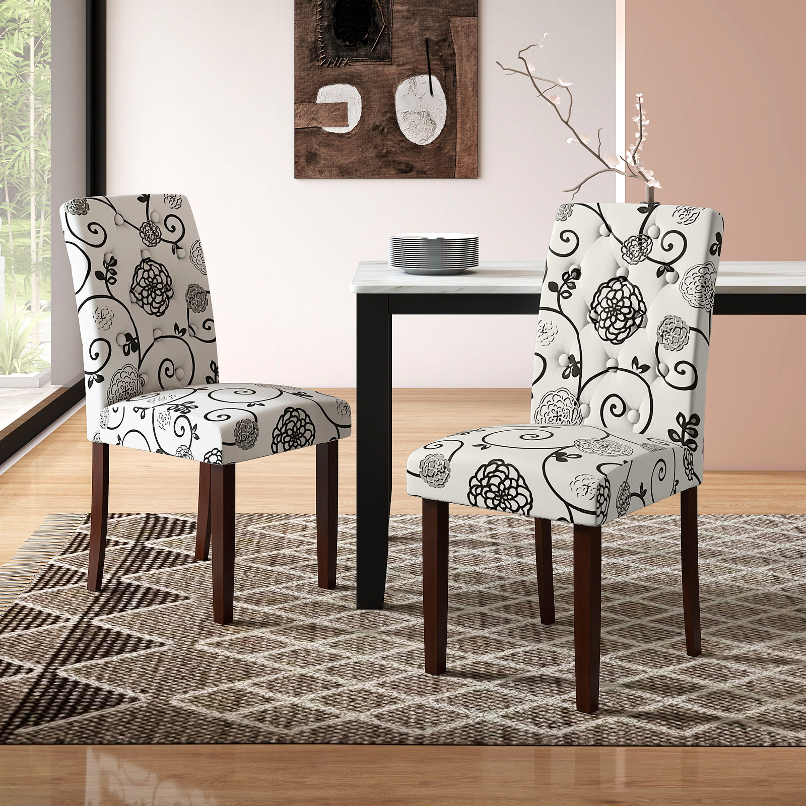 LJG Button Tufted Fabric Upholstered Wooden Dining Chair Set of 2 with High Curved Back