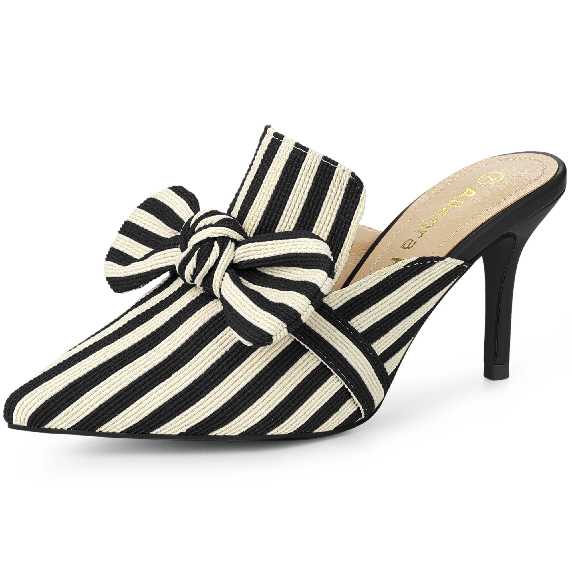 BLISSFUL STEP Women's Stripe Bow Slip on Stiletto Heel Slides Mules