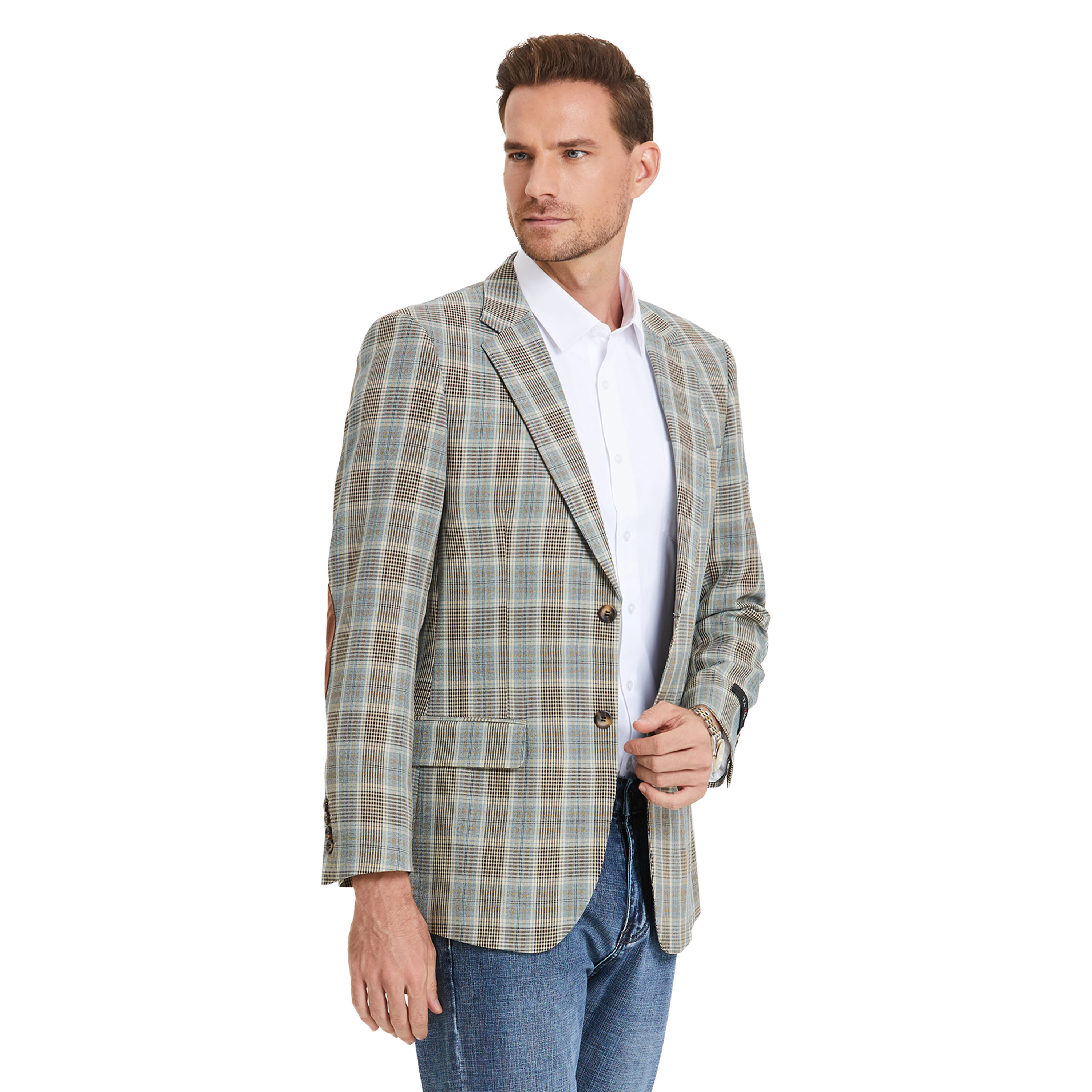 Tazzio Mens Slim Fit Glen Plaid Elbow Patch Sport Coat