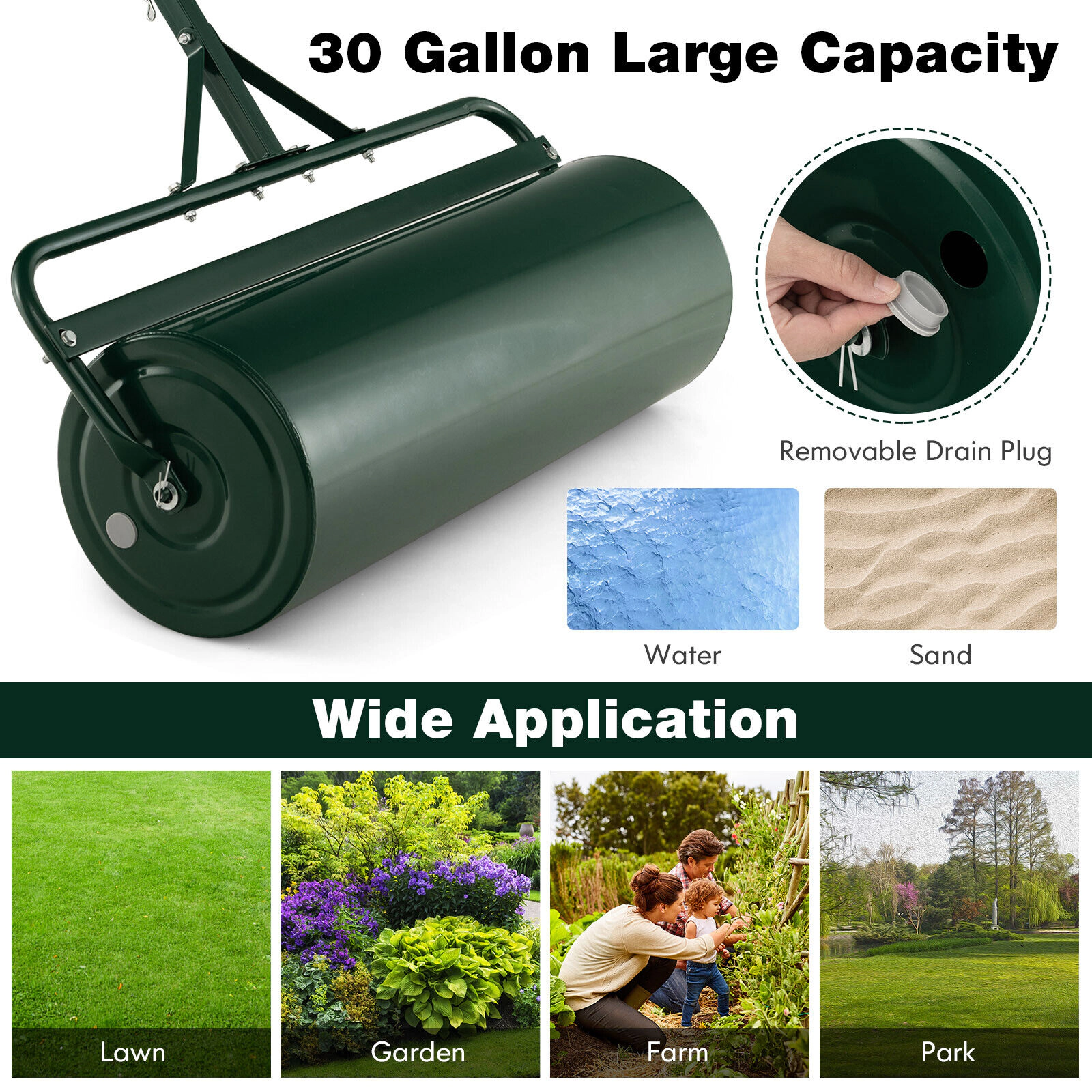 SUGIFT 39 in Wide Lawn Roller Green 30 Gallon Push and Tow Roller with Metal Frame