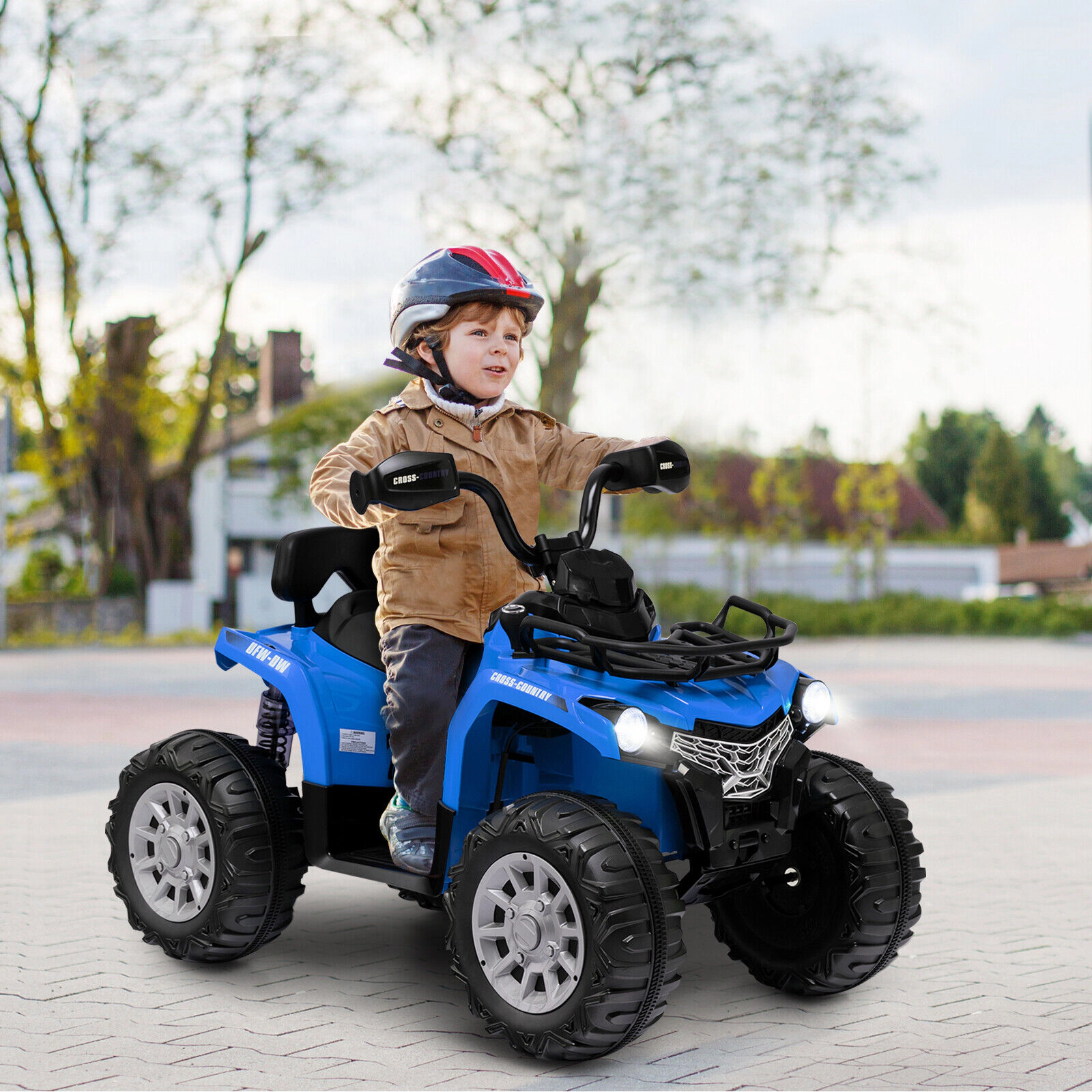 12V Kids Electric Four Wheeler ATV Pedal Acceleration Forward/Reverse Oversized Wheels Headlights MP3 Ages 3-8 Blue