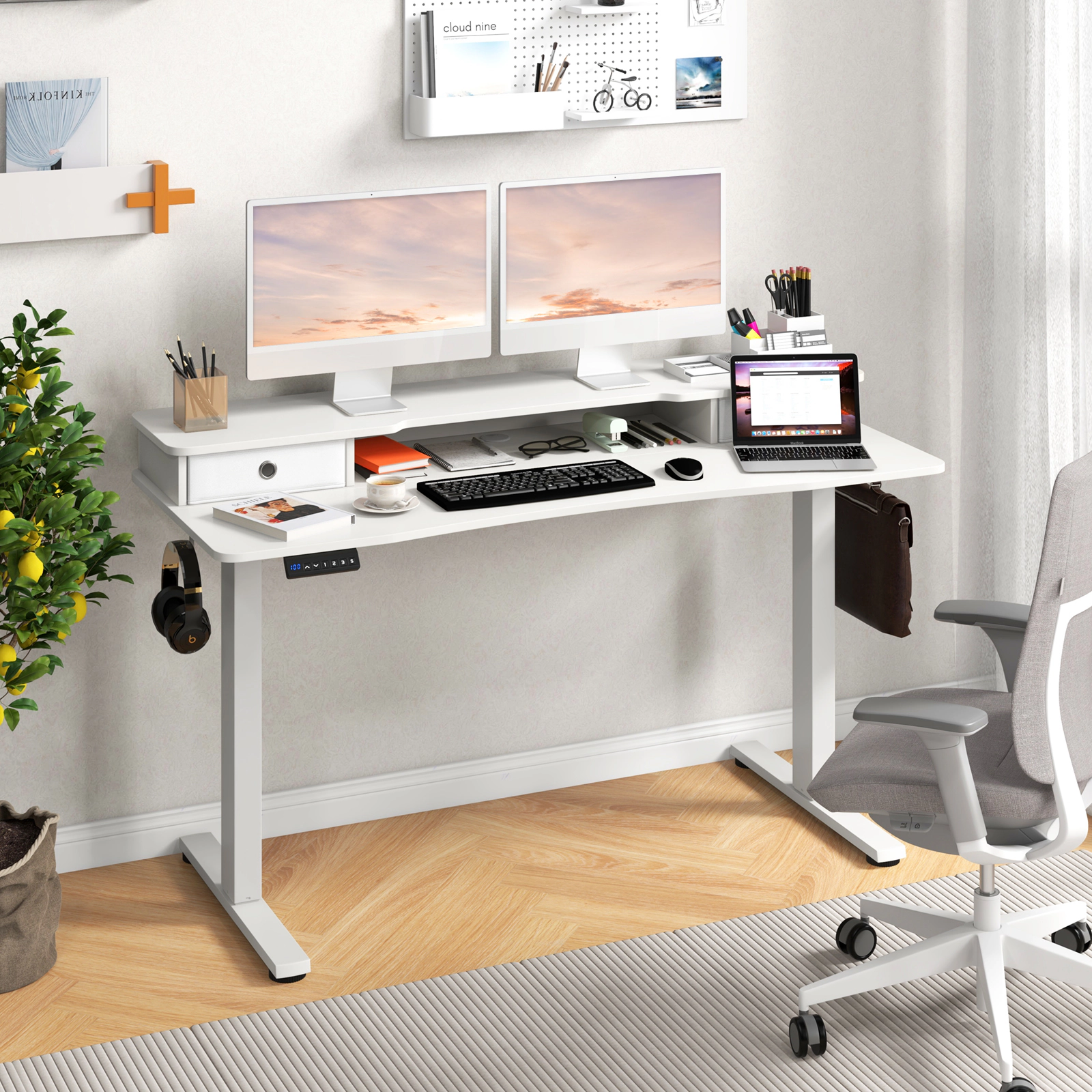 SUGIFT 55-in x 24-in White Electric Standing Desk with Shelf, Storage, Hooks and Cable Organizer