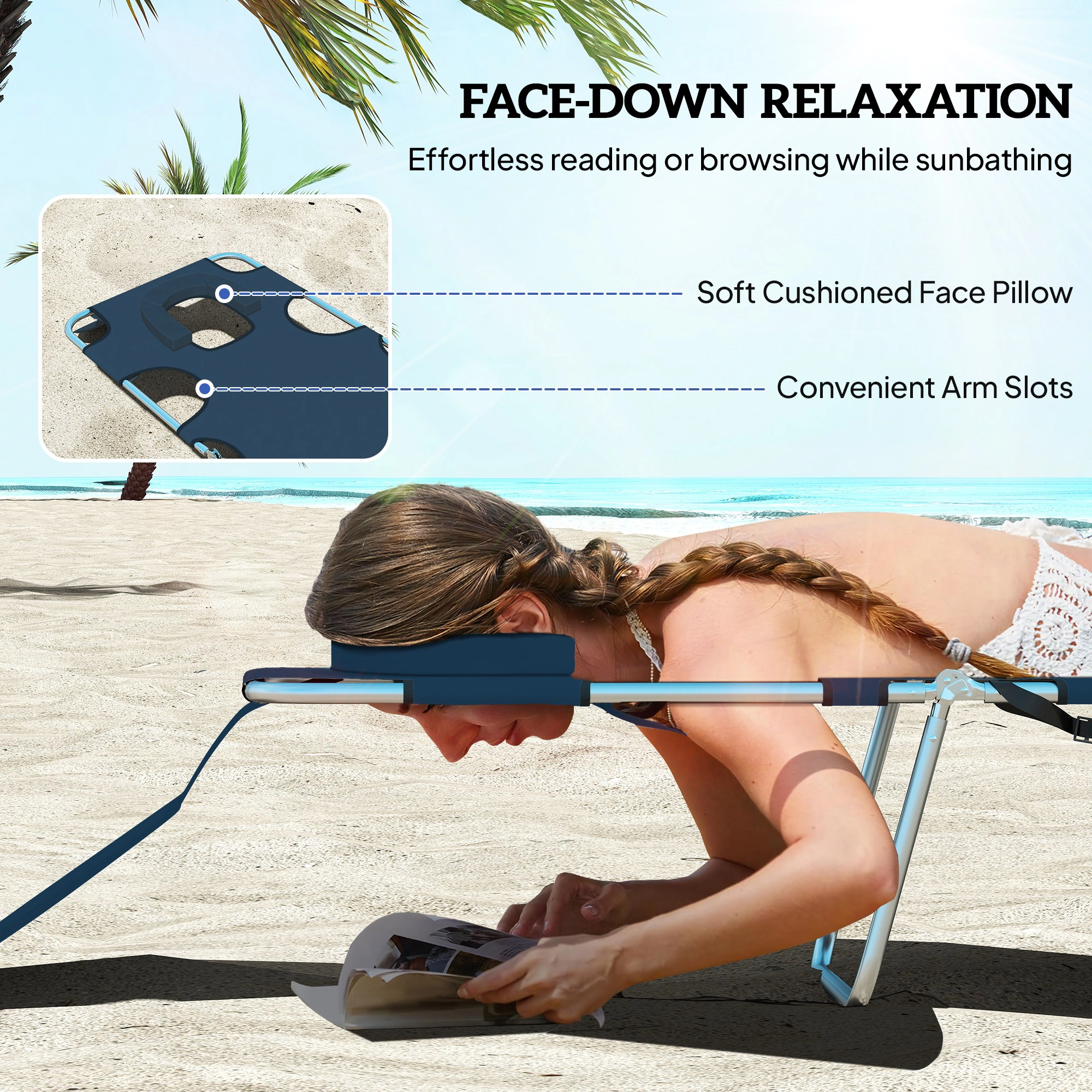 HONGGE Tanning Chair with Face Hole, 5-Level Adjustable Outdoor Chaise Lounge Pillow for Beach, Pool