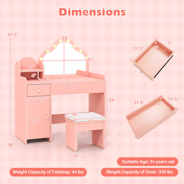 Hivvago Kids Vanity Desk With Mirror And Lights Princess Pretend Play Dressing Table
