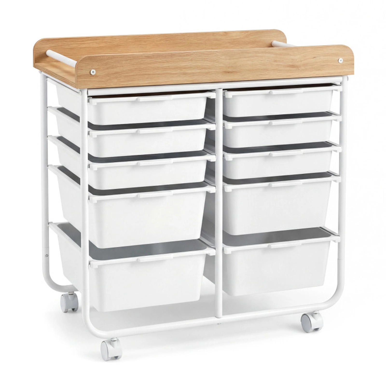 SUGIFT 10-Drawer Rolling Storage Cart with MDF Tabletop 75-lb Capacity 25.5-in Wide Natural and White